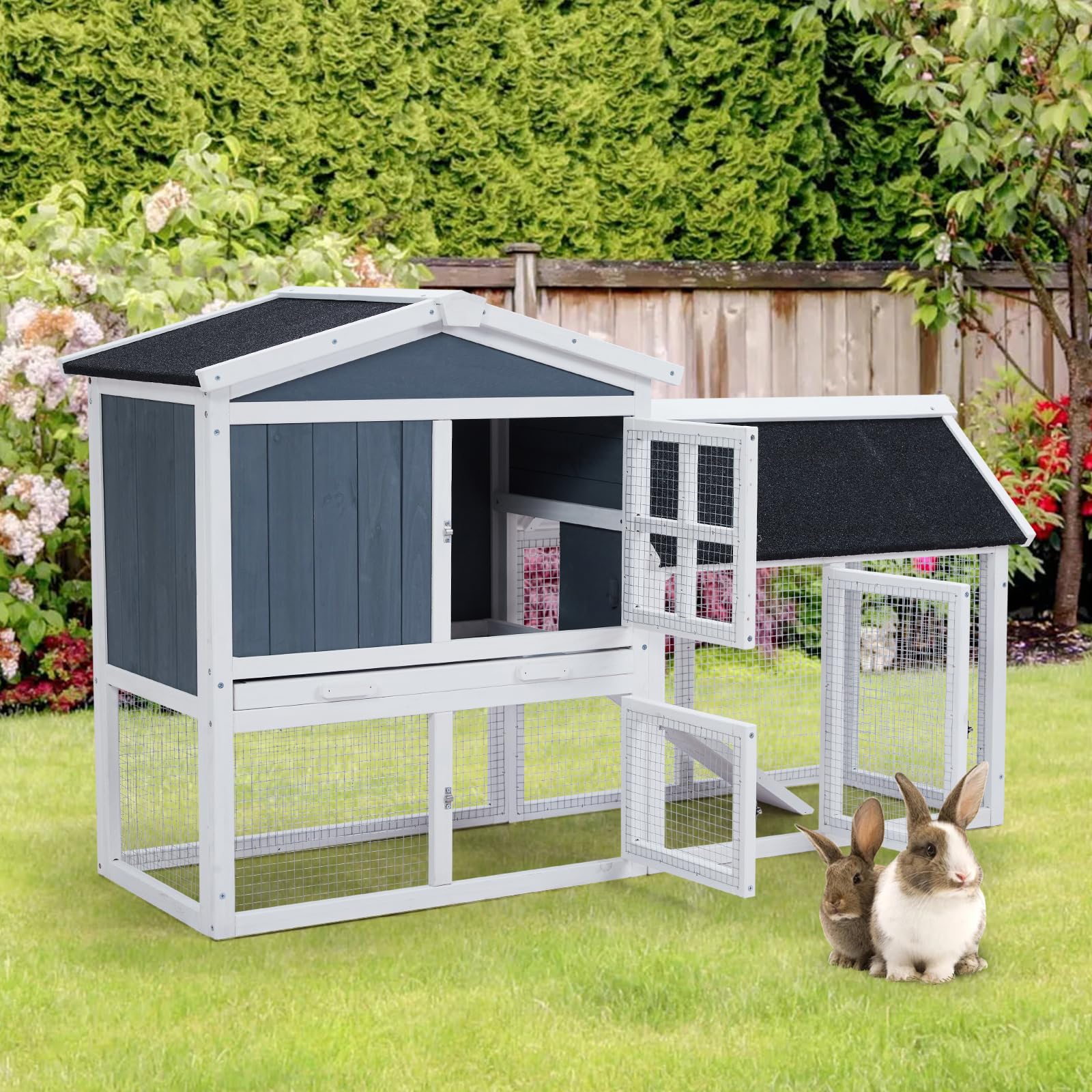 Garvee 54'' Rabbit Hutch Indoor Outdoor Rabbit Cage, Two Floors Wooden Rabbit Cage Indoor, Wooden Chicken Coop Guinea Pigs Pet House Cage with Run, Pull Out Tray, Asphalt Roof for Small Animals