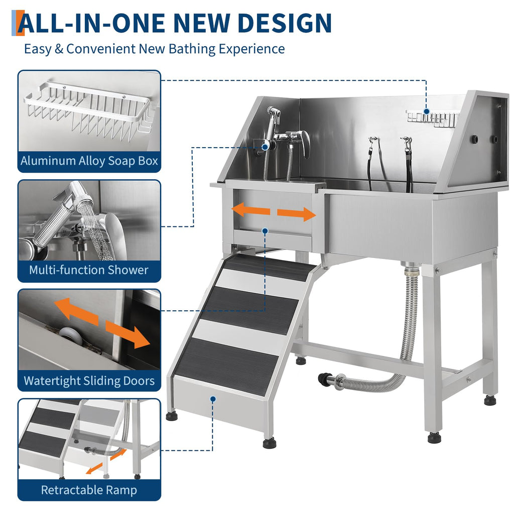 Garvee 38" Stainless Steel Dog Washing Station with Ramp & Sliding Door, Anti-Slip Grate, Left Stairs, Commercial-Grade, Grooming Salon & Home Use