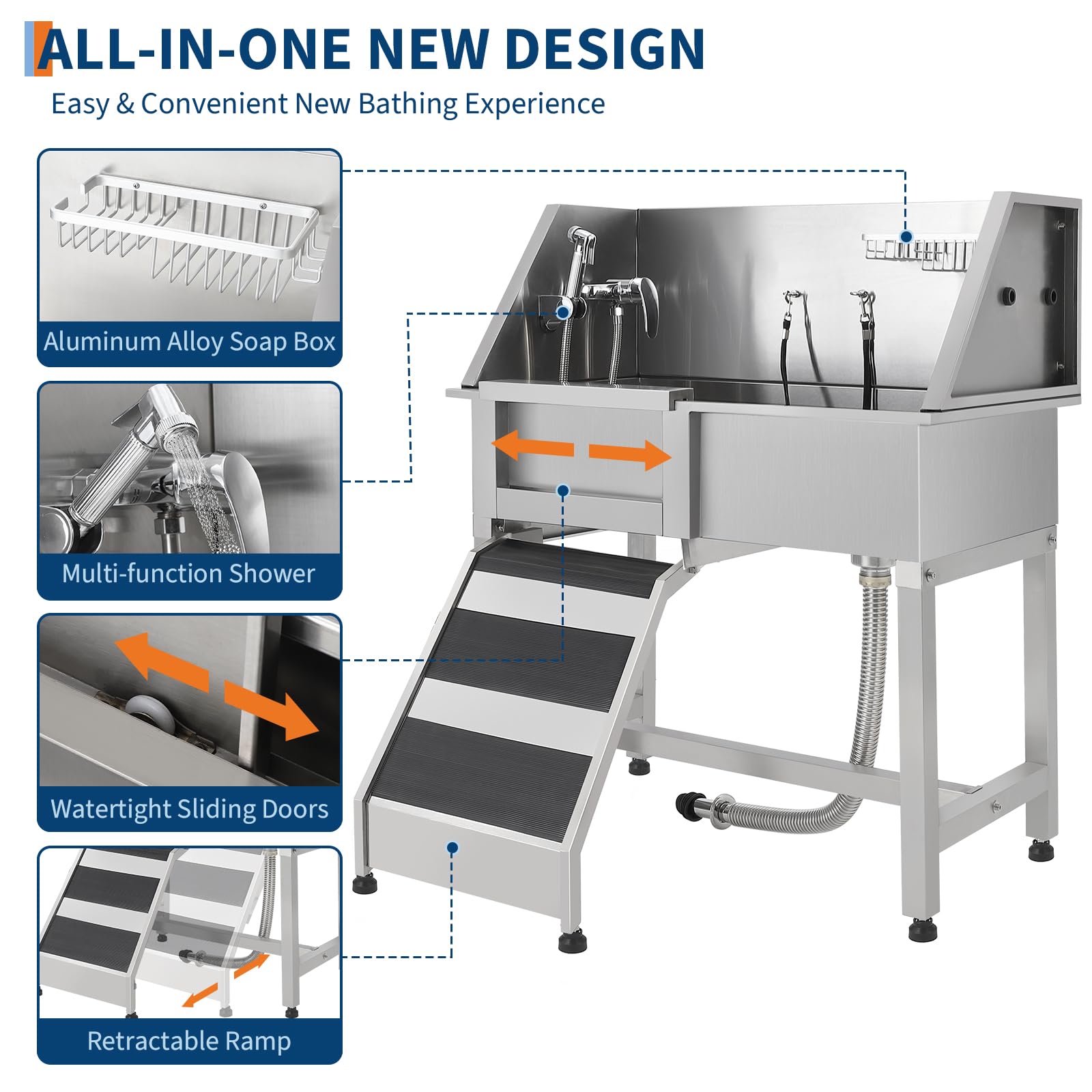 Garvee 38" Stainless Steel Dog Washing Station with Ramp & Sliding Door, Anti-Slip Grate, Left Stairs, Commercial-Grade, Grooming Salon & Home Use