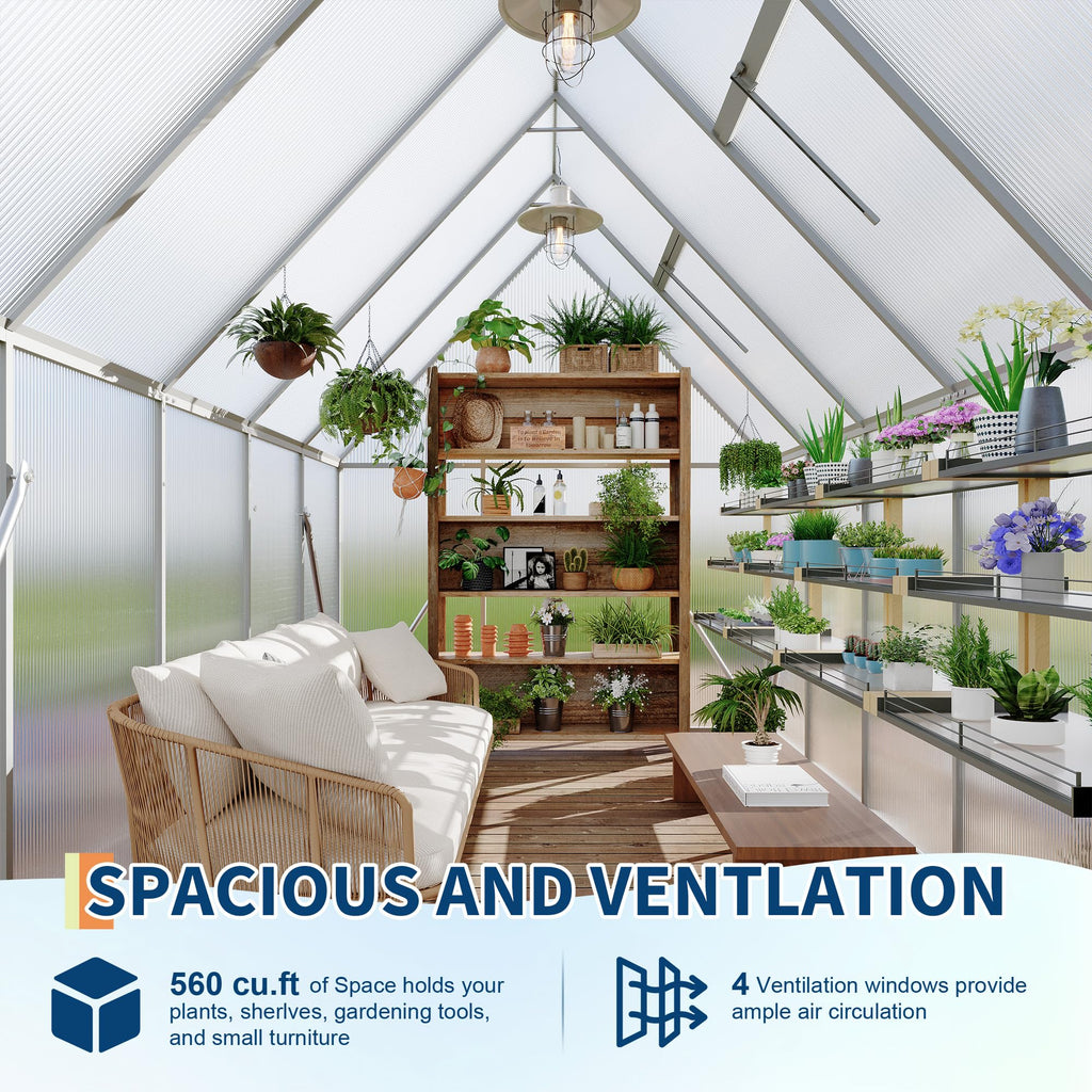 Garvee Heavy Duty 6x9 FT Aluminum Polycarbonate Walk-In Greenhouse - Double Swing Doors, Roof Vent, Rain Gutter, High Wind Resistant, Quick Setup, for Outdoor Garden, Silver