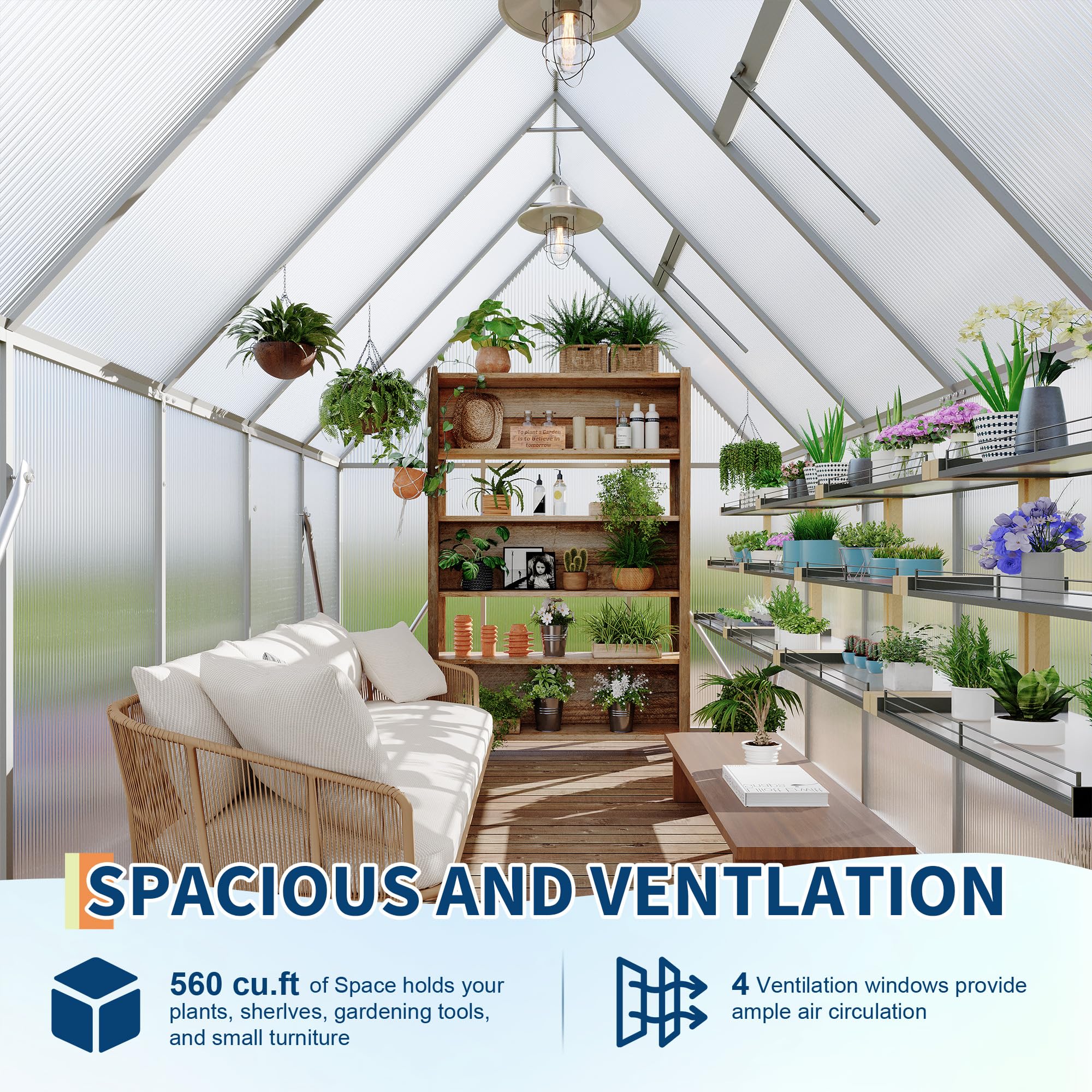 Garvee Heavy Duty 6x9 FT Aluminum Polycarbonate Walk-In Greenhouse - Double Swing Doors, Roof Vent, Rain Gutter, High Wind Resistant, Quick Setup, for Outdoor Garden, Silver