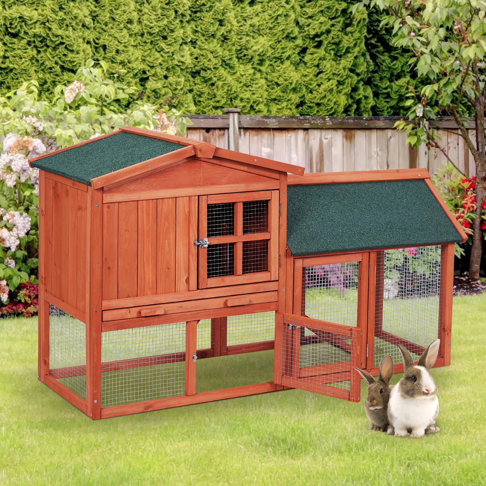 Garvee 54'' Rabbit Hutch Indoor Outdoor Rabbit Cage, Two Floors Wooden Rabbit Cage Indoor, Wooden Chicken Coop Guinea Pigs Pet House Cage with Run, Pull Out Tray, Asphalt Roof for Small Animals