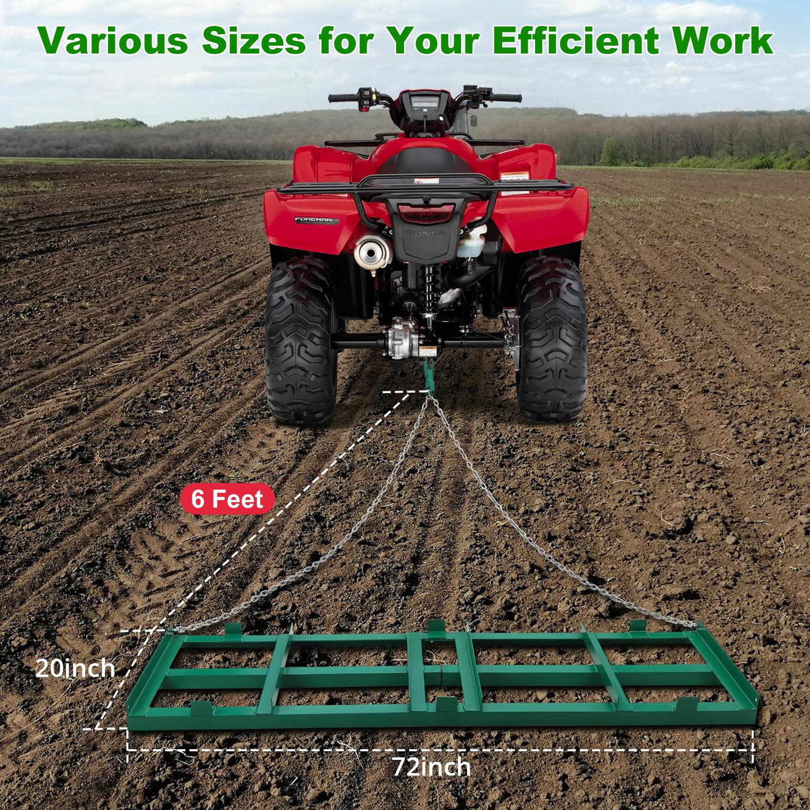 Garvee 6FT Drag Harrow Driveway Grader, Heavy Duty Power Rake w/ 6 Ft Chain, Tow Behind Lawn Rake for Atv, Utv, Tractor, Mower, Land Leveler for Gravel, Sand, Soil, Hay