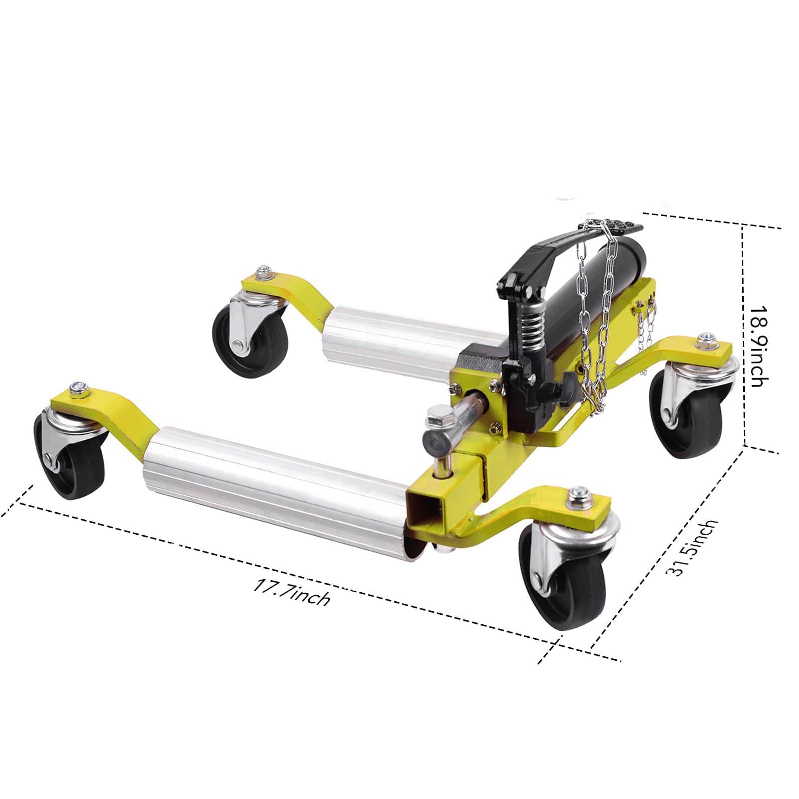 Garvee 4PCS Car Wheel Dolly with Hydraulic Tire Jack, 1500LBS Capacity, Ratcheting Foot Pedal, Stainless Steel, Adjustable for Truck RV Trailer, Yellow