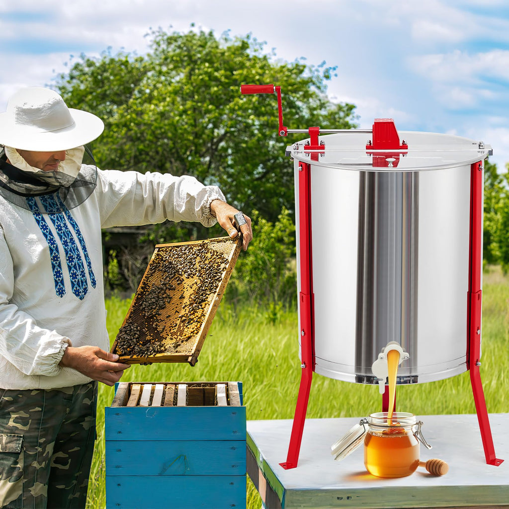 Garvee Manual Honey Extractor 2/4 Frames Stainless Steel Adjustable Legs Transparent Lid Honeycomb Drum Spinner for Beekeepers and Apiaries