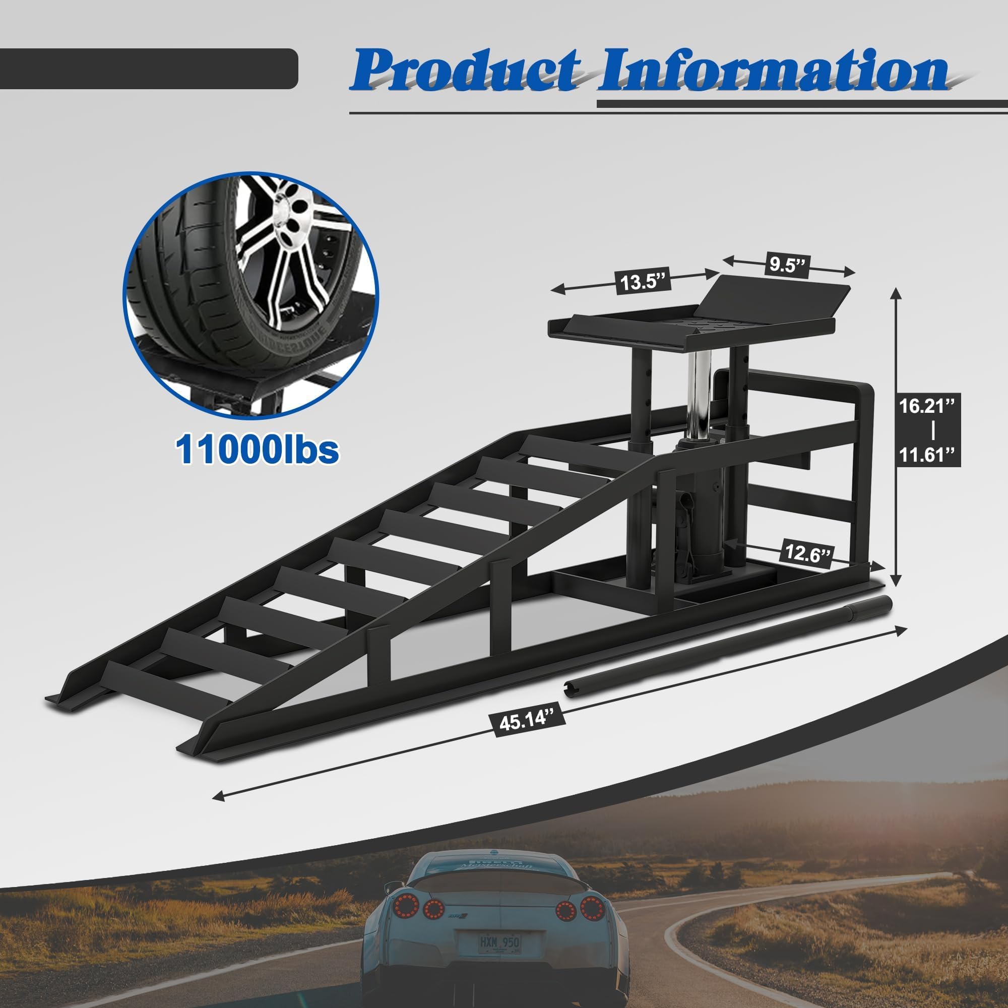 Garvee 2-Pack Hydraulic Car Ramps, 3 Ton Heavy-Duty Steel with Adjustable Height, Wide Incline, and Low Profile for Vehicle Maintenance and Garage Use, Black