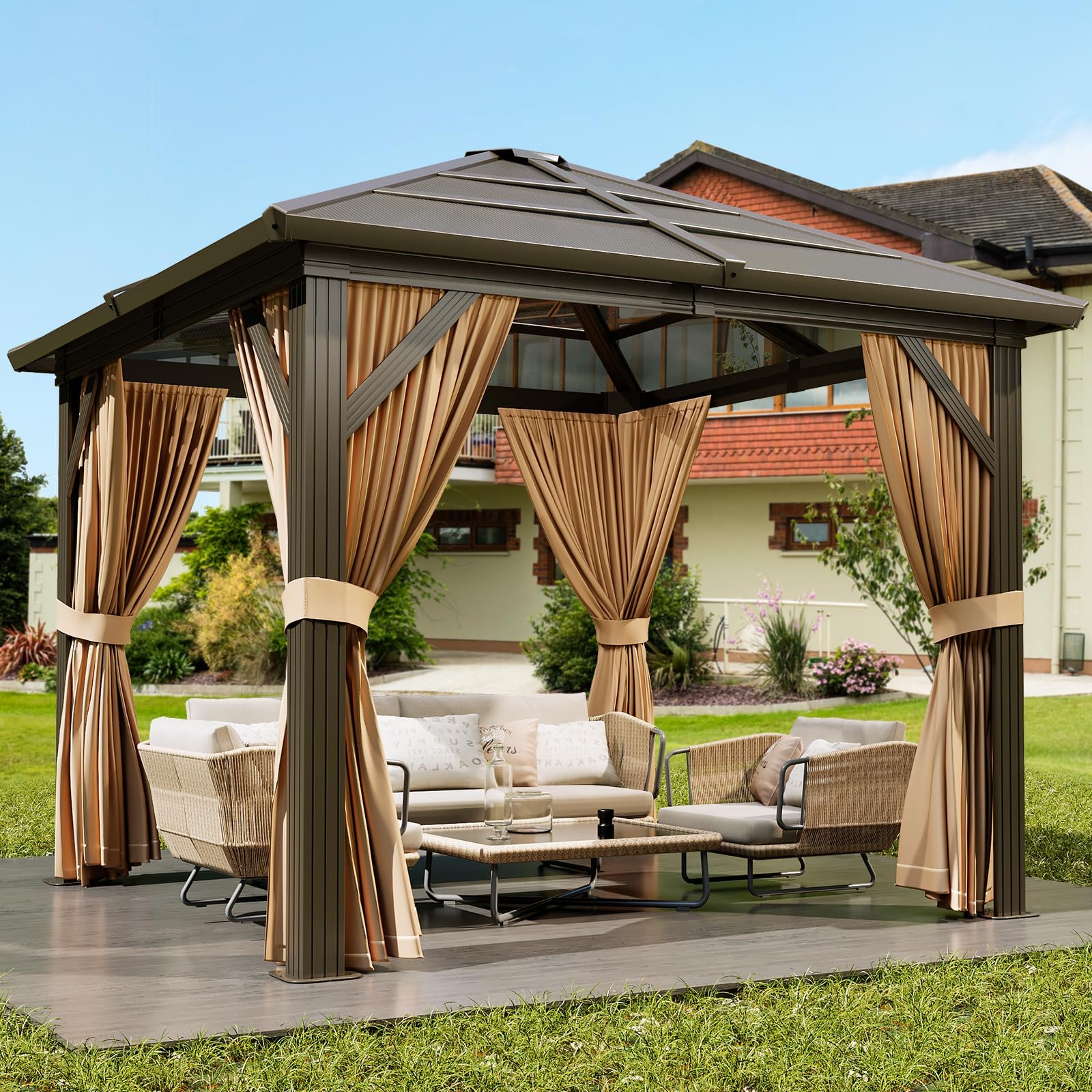 Garvee 10'x12' Hardtop Gazebo Outdoor Polycarbonate Roof Aluminum Frame with Curtains & Netting Brown Patio Pavilion for Garden