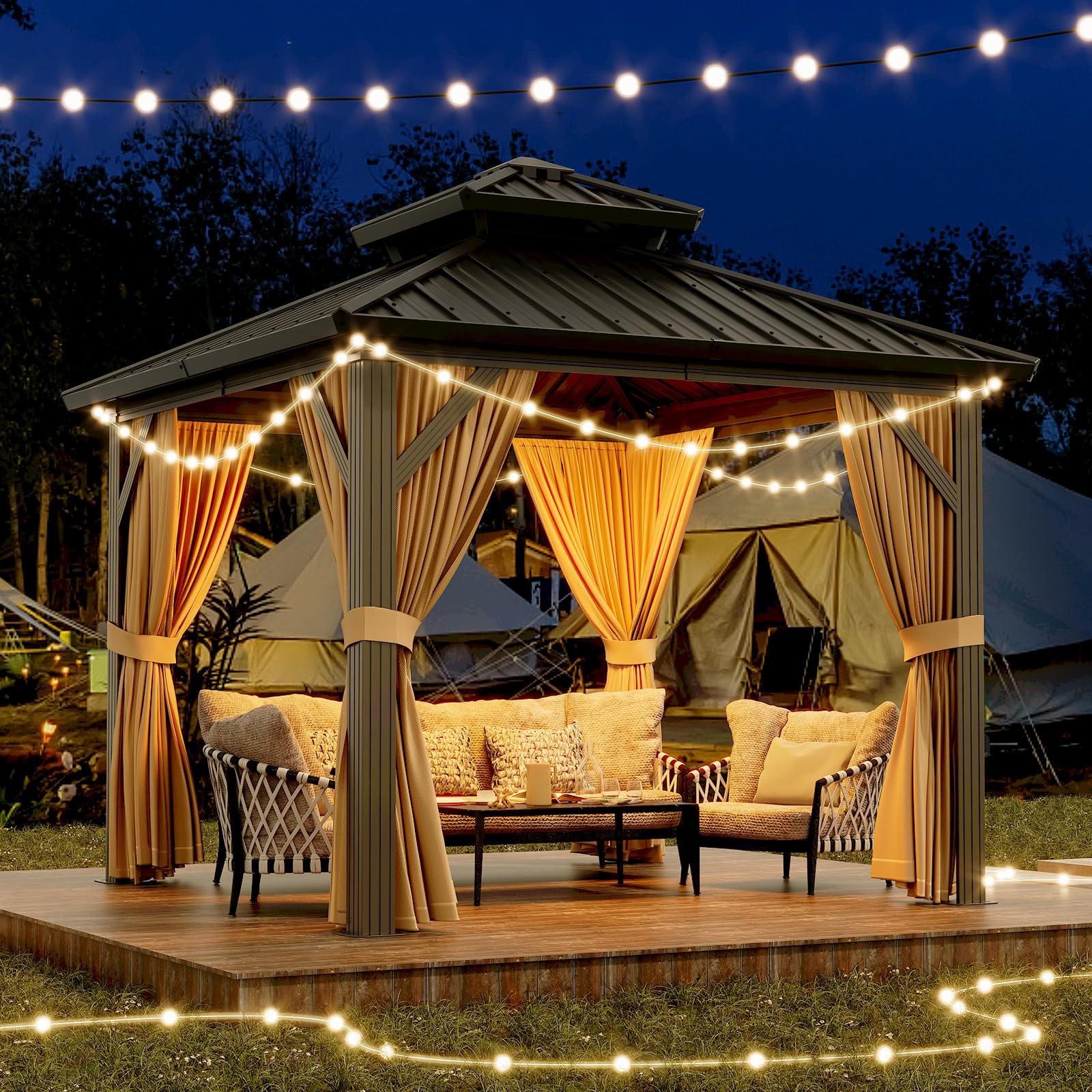 Garvee 10x10ft Hardtop Gazebo Outdoor Aluminum Frame Double Roof Waterproof Metal Roof Netting Curtains Backyard Patio Deck Poolside