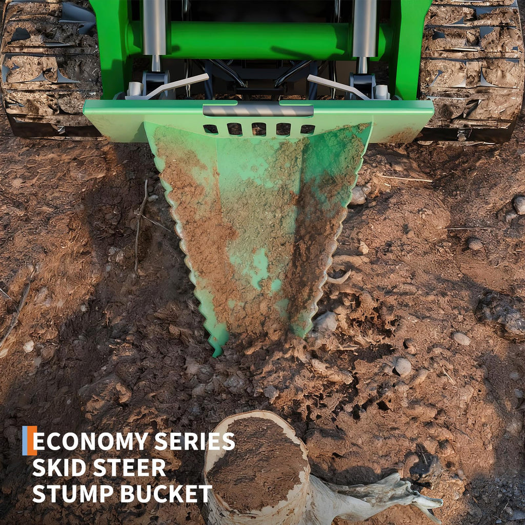 Garvee Economy Series Stump Bucket Attachment, Universal Skid Steer Quick Tach, Serrated Leading Edge, Tree Scoop Digger for Removing Smaller Tree Stumps and Light Duty Ripping Roots,Green