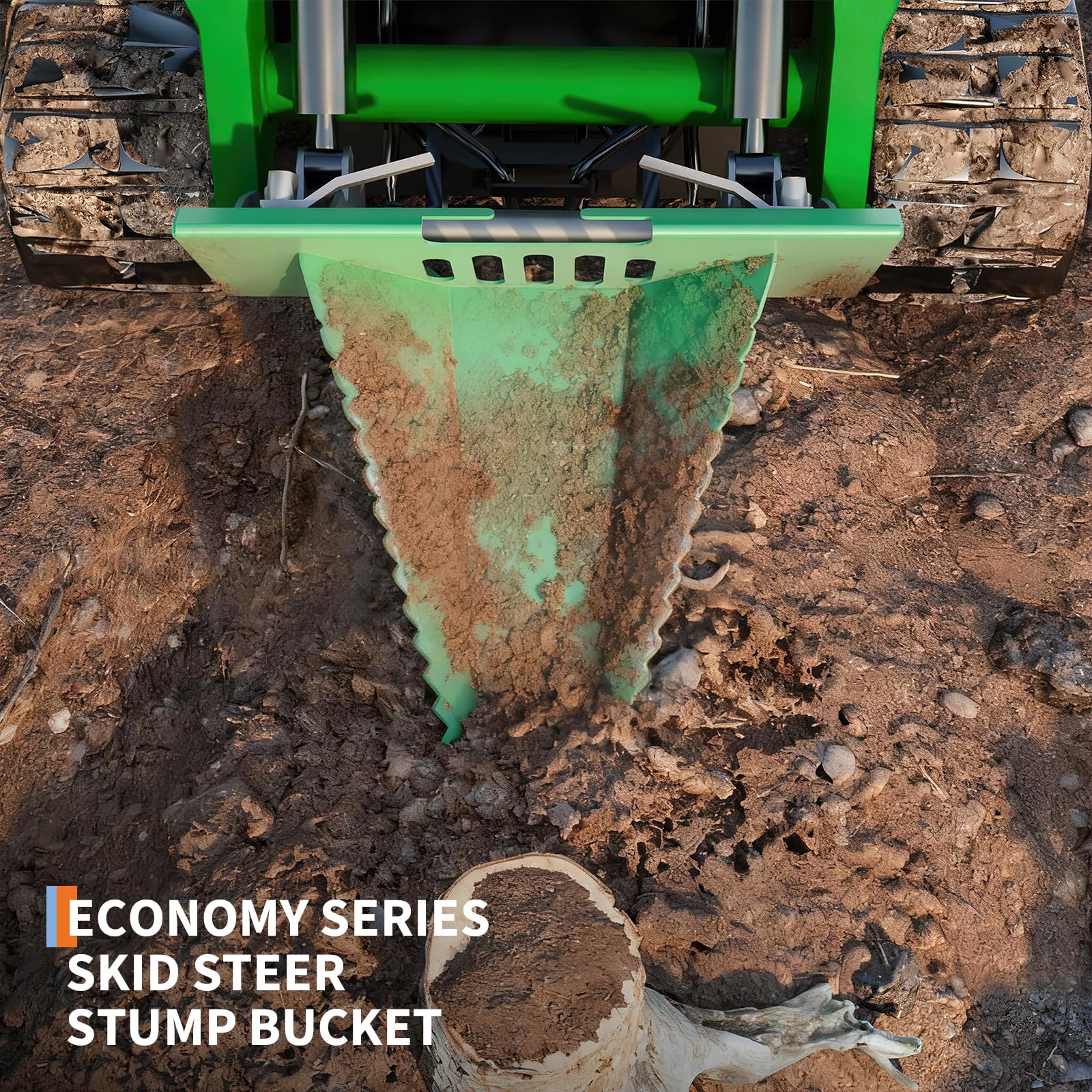 Garvee Economy Series Stump Bucket Attachment, Universal Skid Steer Quick Tach, Serrated Leading Edge, Tree Scoop Digger for Removing Smaller Tree Stumps and Light Duty Ripping Roots,Green