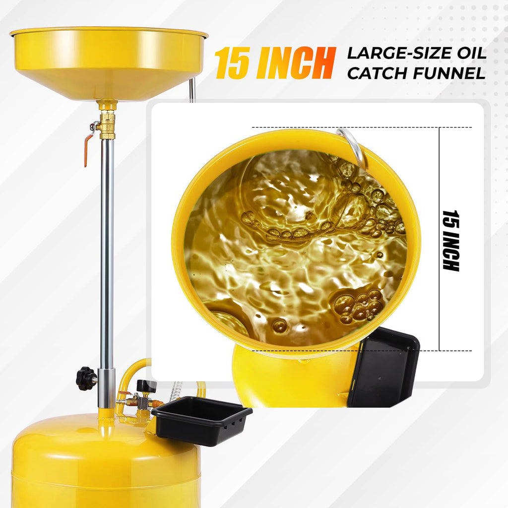 Garvee 8 Gal Portable Waste Oil Drain Change Tank, 15 in Funnel, Adjustable Height 28"-62", 360° Wheels, Built-in Toolbox for Easy Use, Yellow