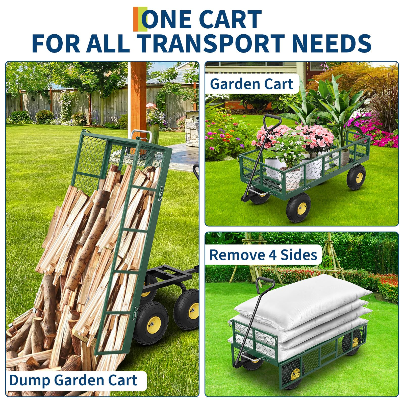 Garvee Garden Dump Cart 900 LBS Capacity Quick-Release Dumping Removable Steel Sidewalls 180° Swivel Handle 10" Pneumatic Tires Yard Farm Utility