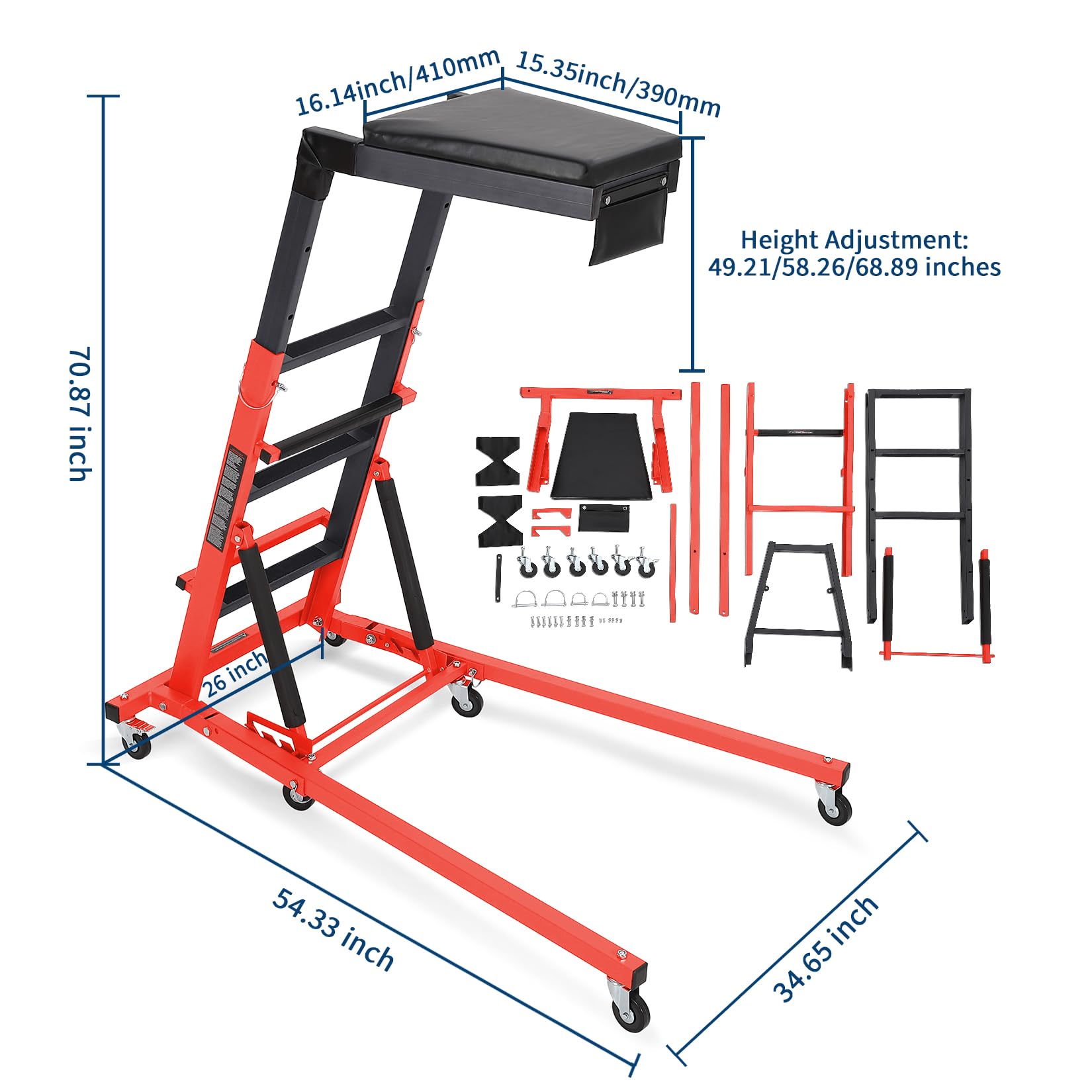 Garvee Top Automotive Creeper Adjustable Height 49.21-68.89" Heavy Duty 400 LBS Steel Frame Foldable with 6 Swivel Casters for Garage Auto Repair