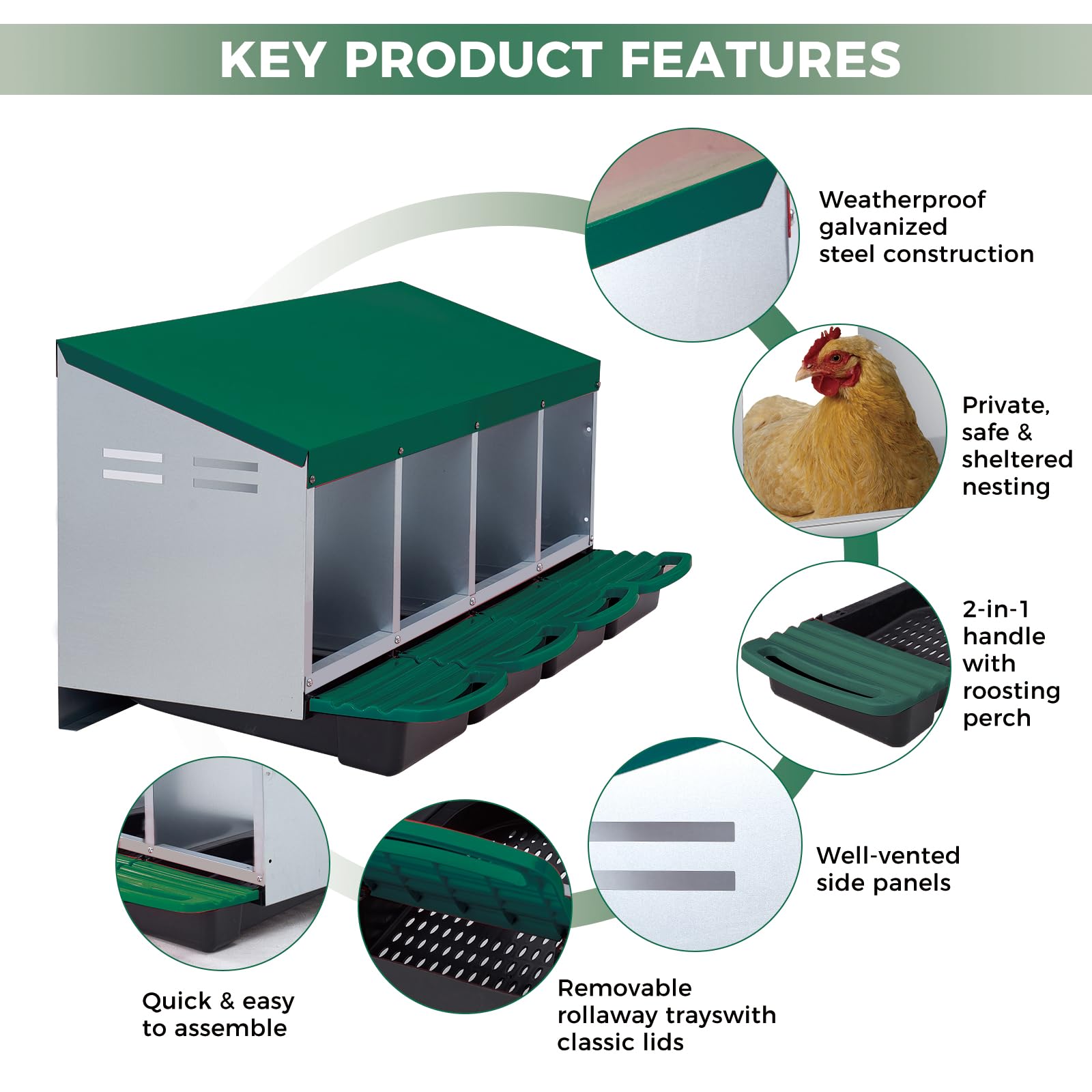 Garvee Chicken Nesting Boxes, 4 Hole Metal Wall Mount Roll Away Nest with Removable Trays and Roll Out Egg Collection for Chicken Coop