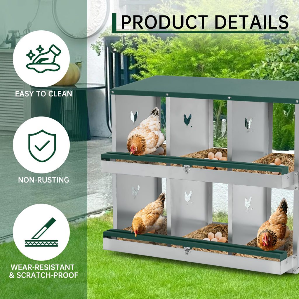 Garvee Chicken Nesting Box 6 Holes Heavy Duty Galvanized Steel Two-Tier Ventilated Dry Bedding Easy Assembly for Chicken Coop
