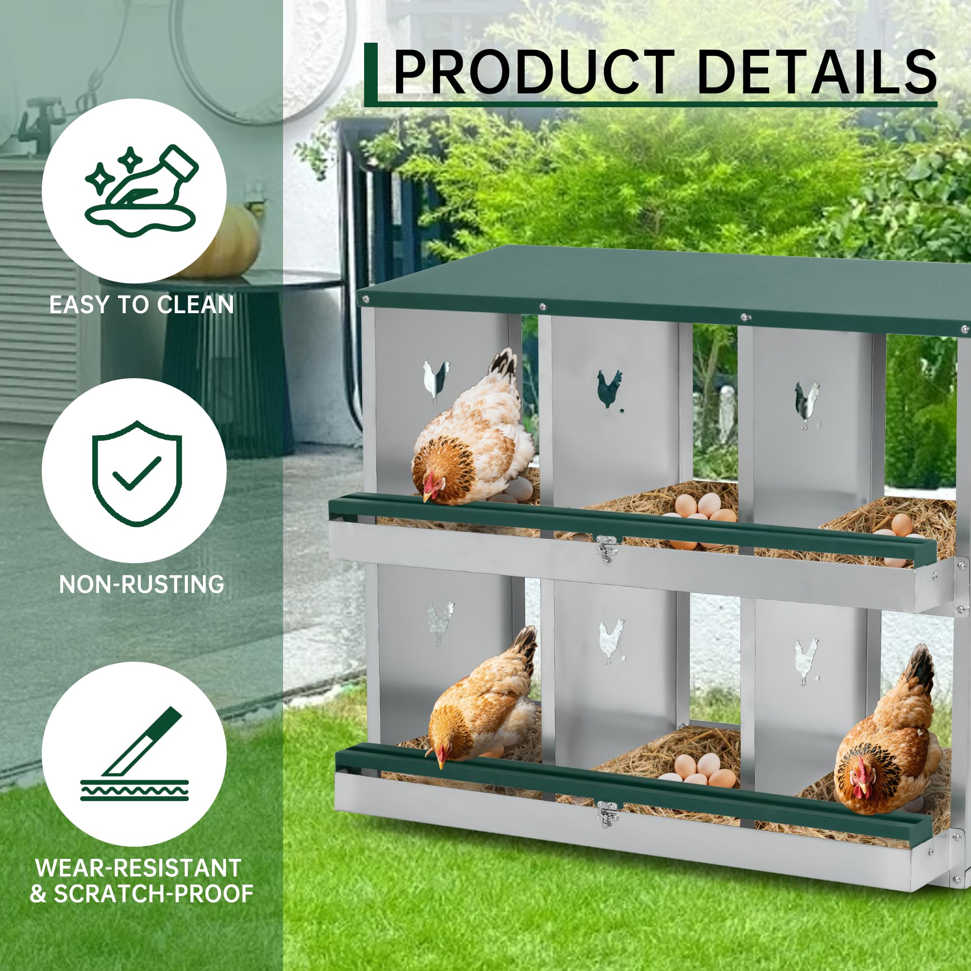 Garvee Chicken Nesting Box 6 Holes Heavy Duty Galvanized Steel Two-Tier Ventilated Dry Bedding Easy Assembly for Chicken Coop