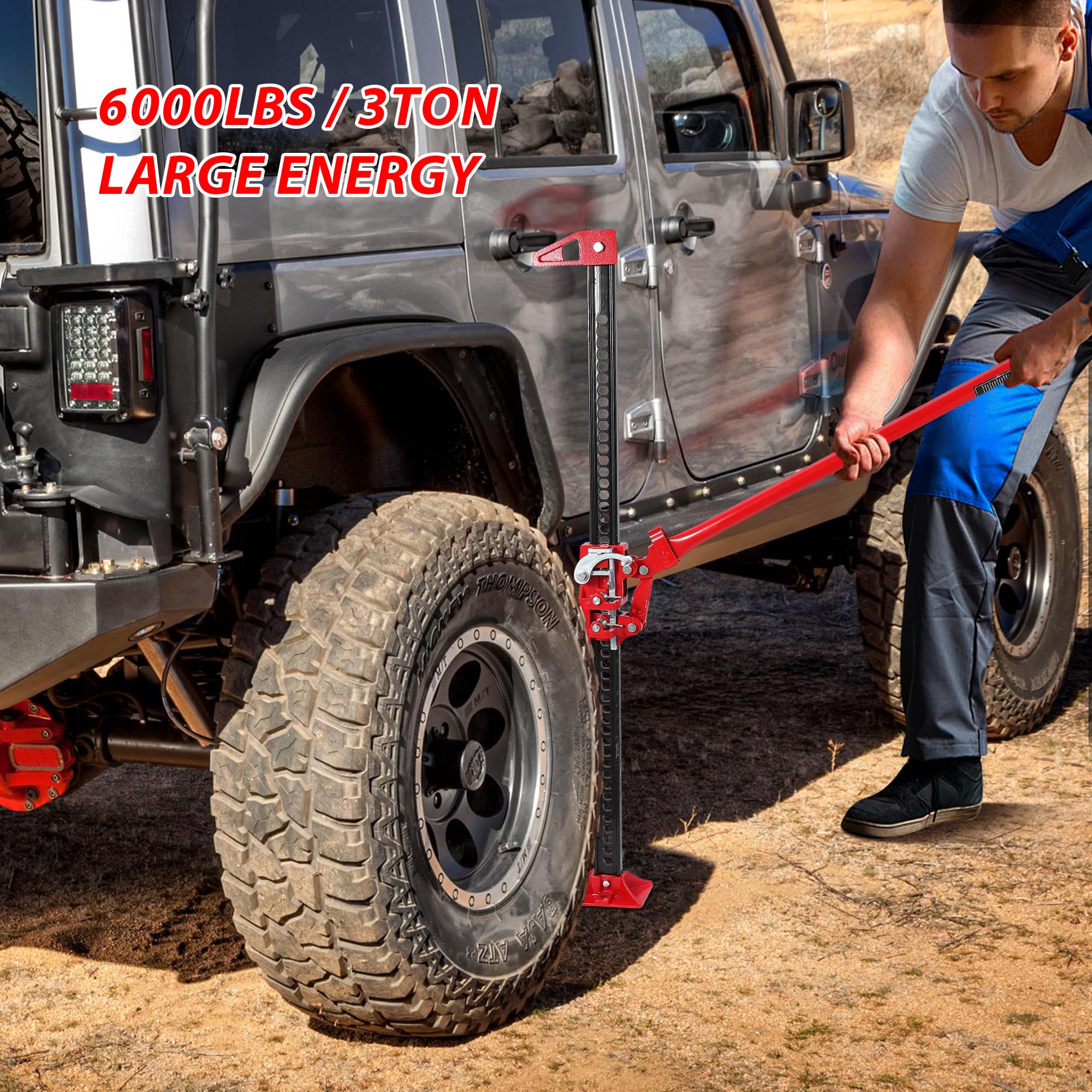 Garvee Heavy Duty Farm Jack 48 Inch 3 Ton Capacity Ratchet Mechanism Carbon Steel Anti-Rust Coated Adjustable Lift for Trucks SUVs Off-Road