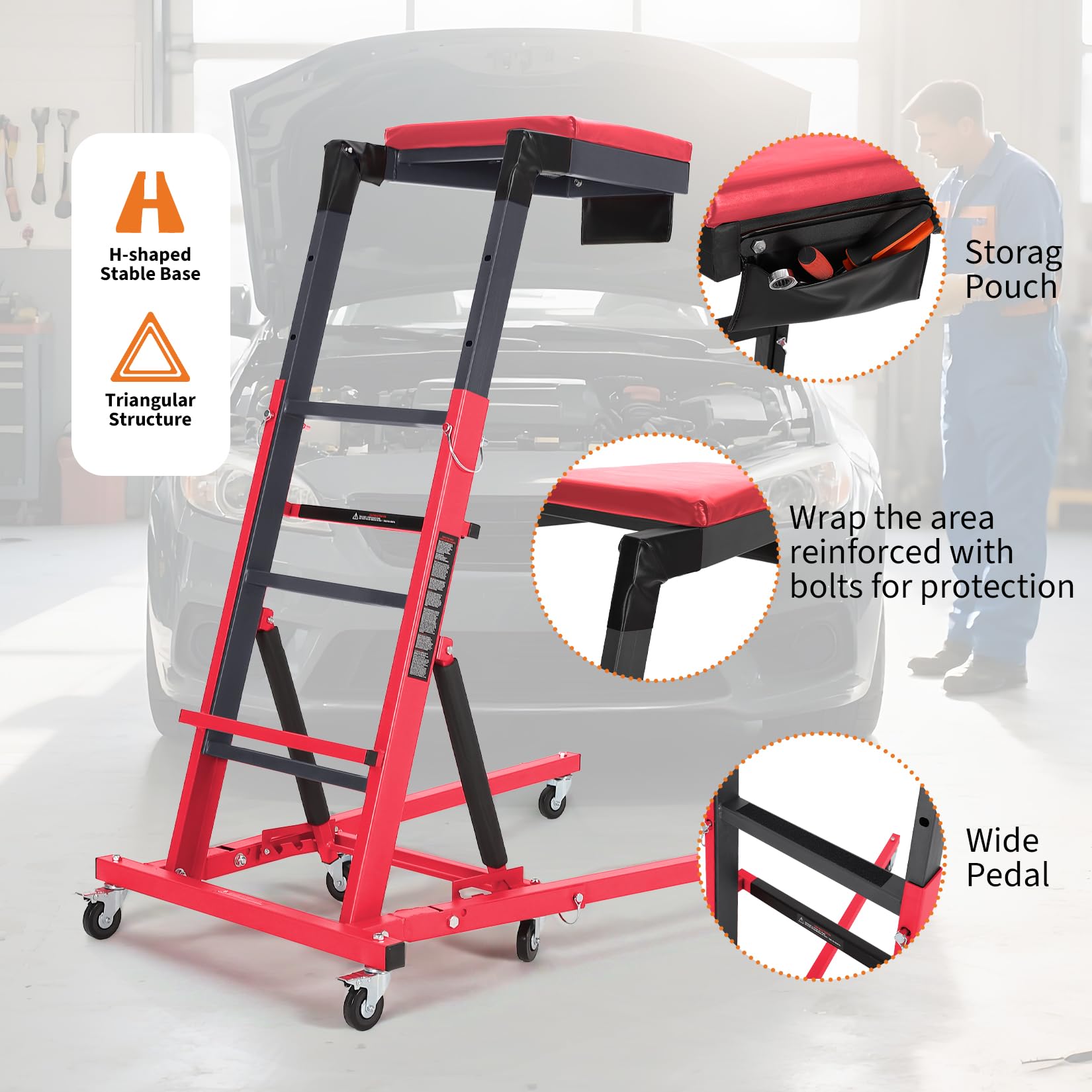 Garvee Top Automotive Creeper Adjustable Height 49.21-68.89" 400 LBS Capacity 6 Swivel Caster Wheels Foldable Steel Frame for Garage Maintenance