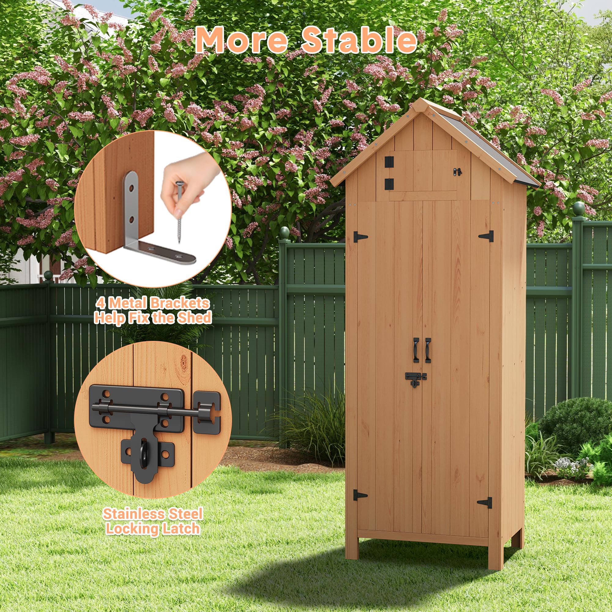 Garvee Outdoor Wooden Storage Shed Waterproof with Lockable Door, Tilt Roof, 3 Shelves, Engineered Wood, Space-Saving Vertical Design for Patio and Garden
