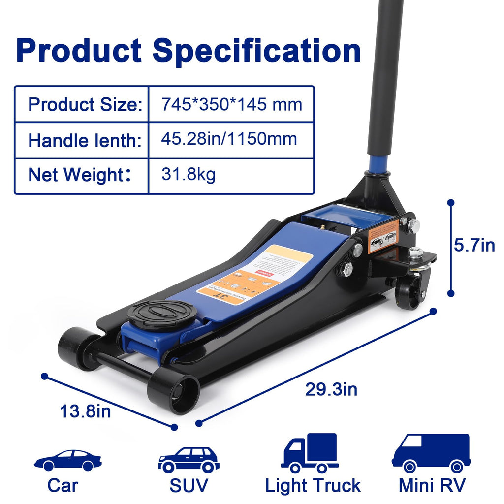 Garvee 3 Ton Low Profile Floor Jack, Professional Low Profile Hydraulic Jack, Heavy Duty Steel Racing Floor Jack with Dual Piston Quick Lift Pump,Lift Range 3"-19.5",Hydraulic Car Jack, Blue