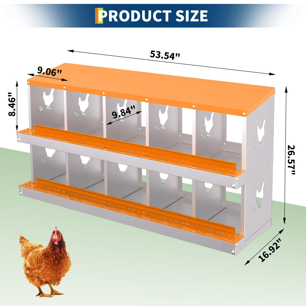 Garvee 10-Hole Chicken Nesting Box Galvanized Steel Rustproof Automatic Egg Collection Ventilated Easy Install Wall or Freestanding for Chicken Coop Orange