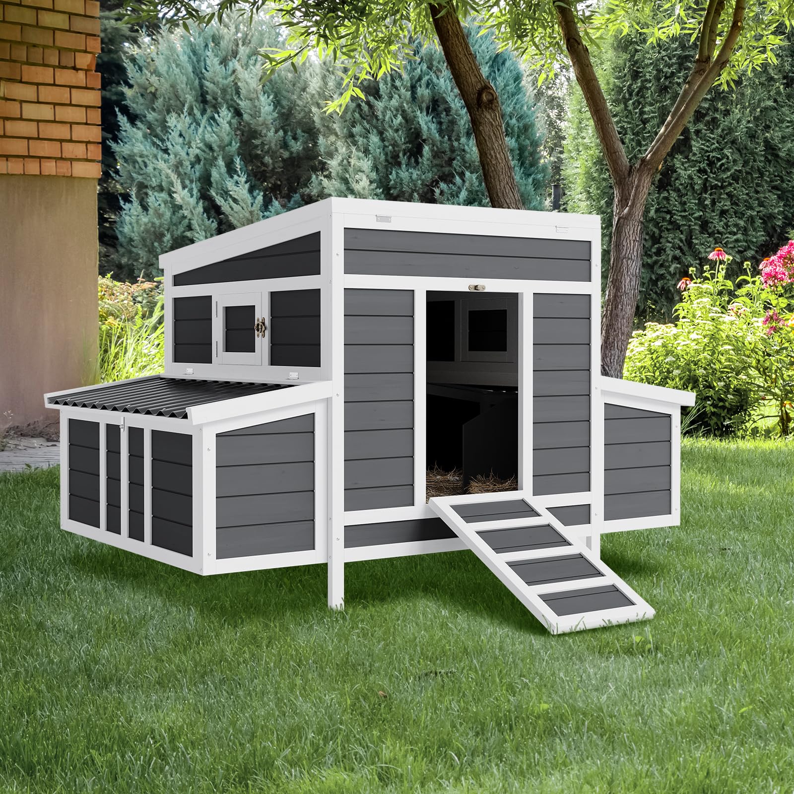 Garvee 55" Wooden Chicken Coop for 4-6 Chickens with Dual Nesting Boxes & Waterproof Roof, Wood & Metal, Lockable Doors & Ventilated Mesh, Outdoor Backyard Poultry Cage
