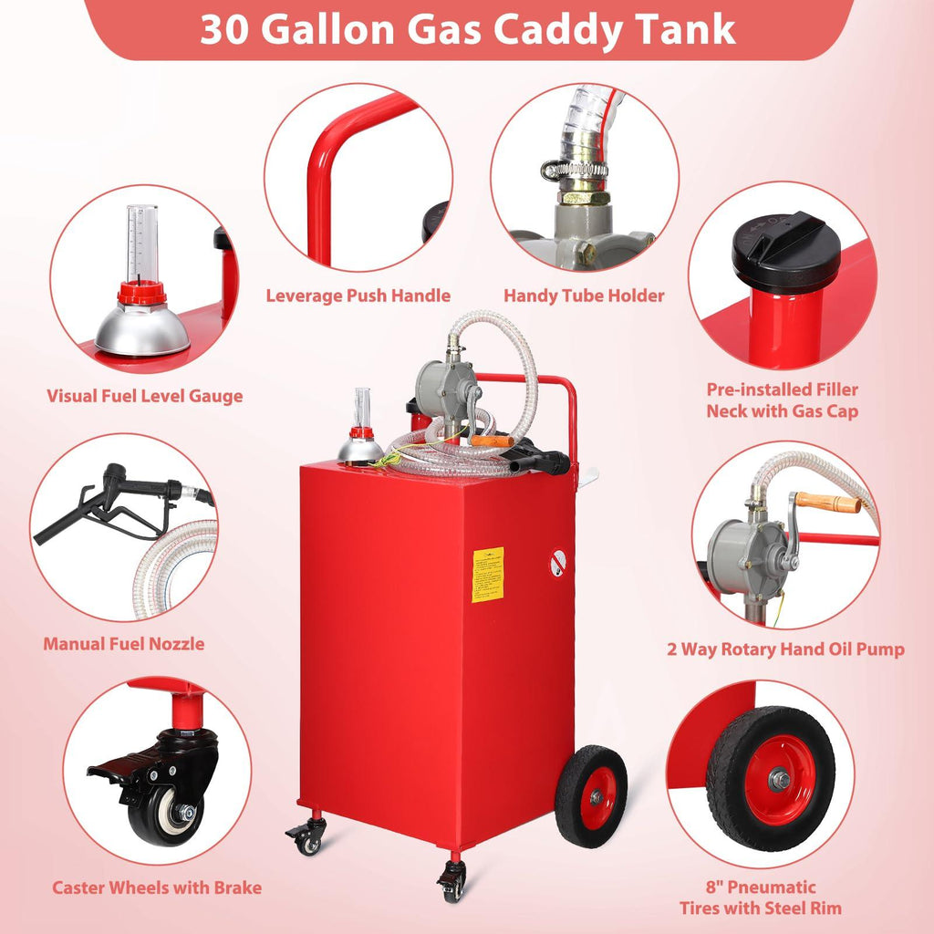 Garvee 30 Gallon Fuel Caddy Gasoline Diesel Tank with Manual Two-Way Pump Durable Stainless Steel 4-Wheel Mobile Design for Cars Trucks Boats
