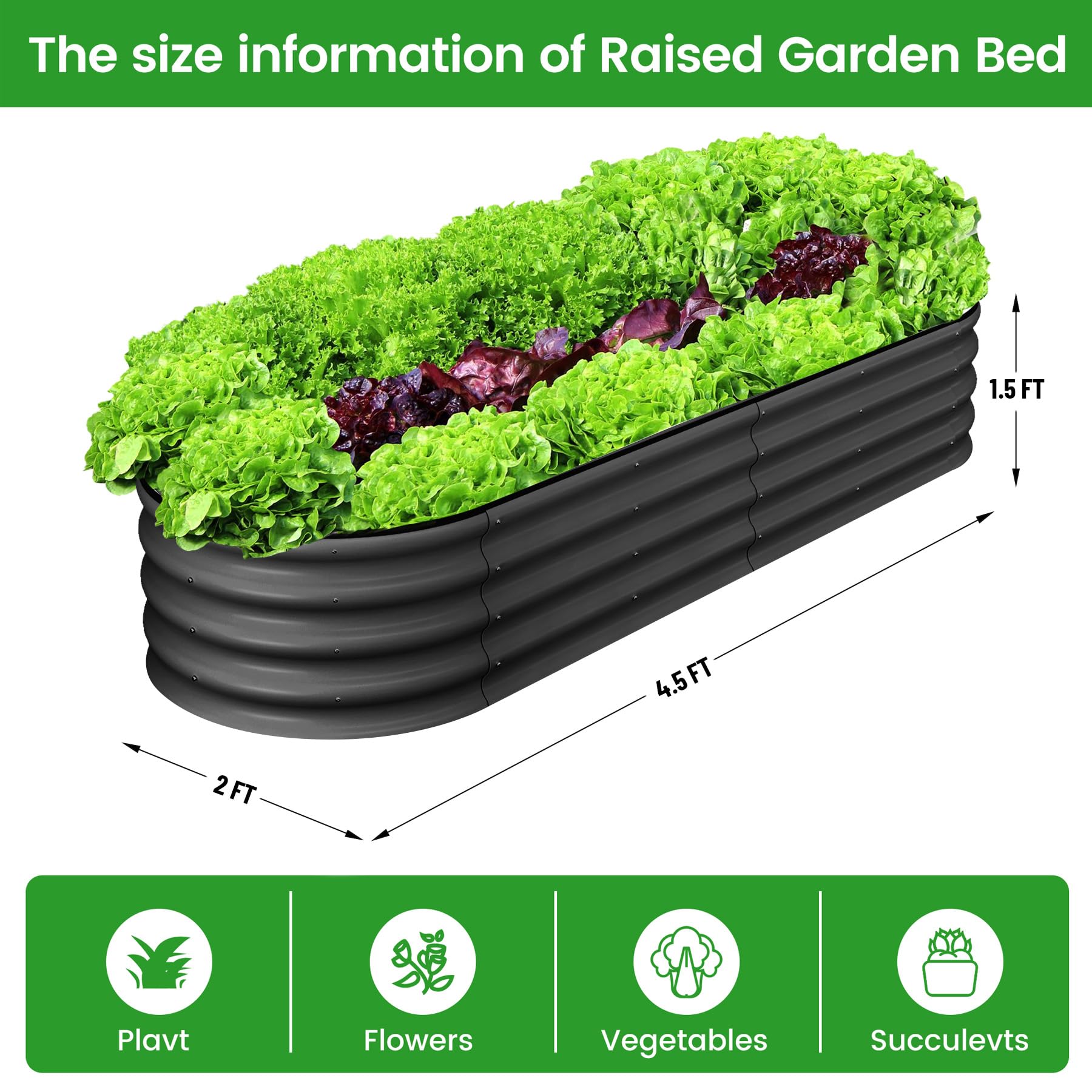 Garvee Oval Raised Garden Bed 4.5x2x1.5 FT Galvanized Metal, Tool-Free Assembly, Anti-Rust Double Layer, Open Bottom Drainage, Gray for Outdoor Gardening
