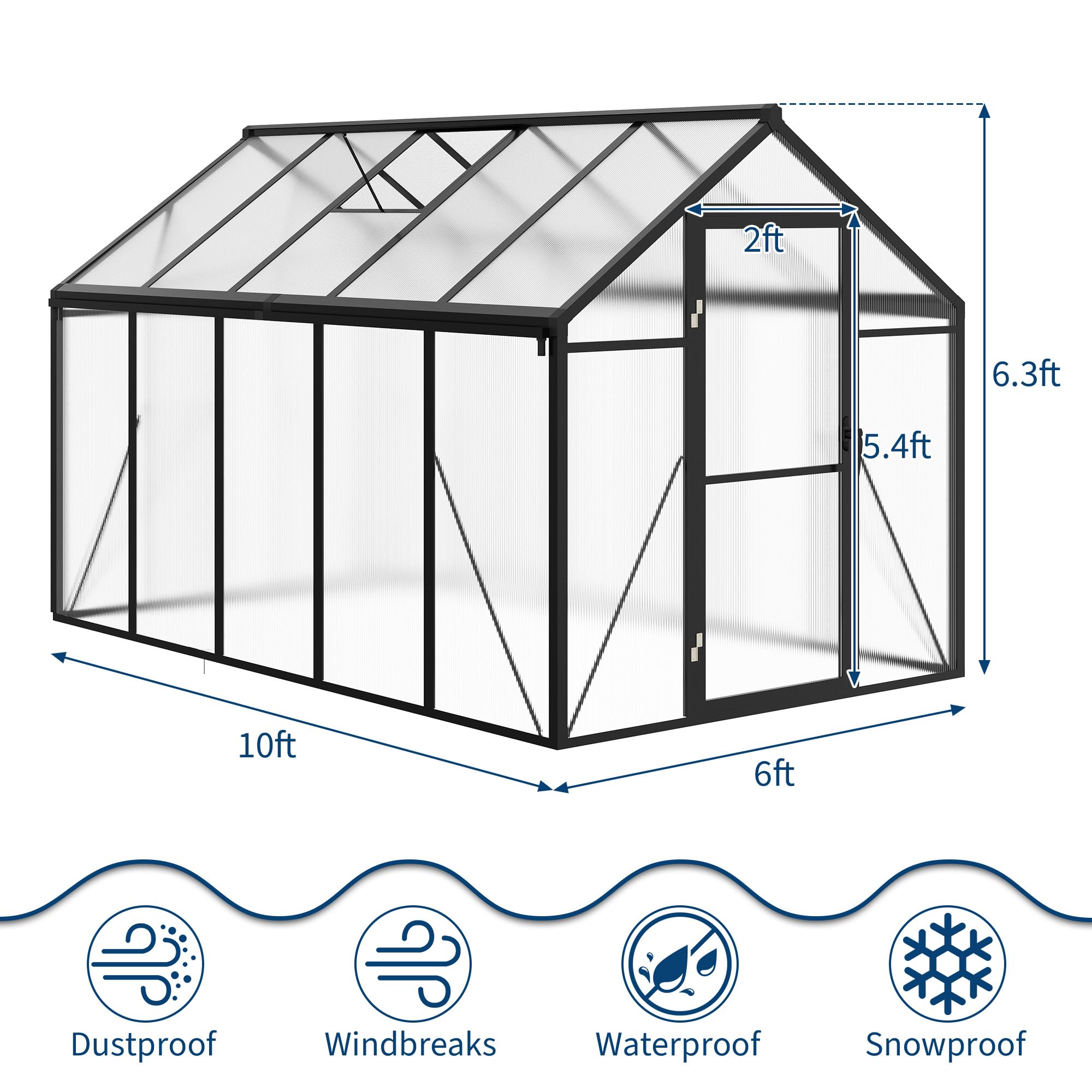 Garvee 6 × 10 ft Walk-In Greenhouse, Polycarbonate Greenhouse with Aluminum Frame, Roof Vent, Gutter System & Lockable Sliding Door for Backyard Garden