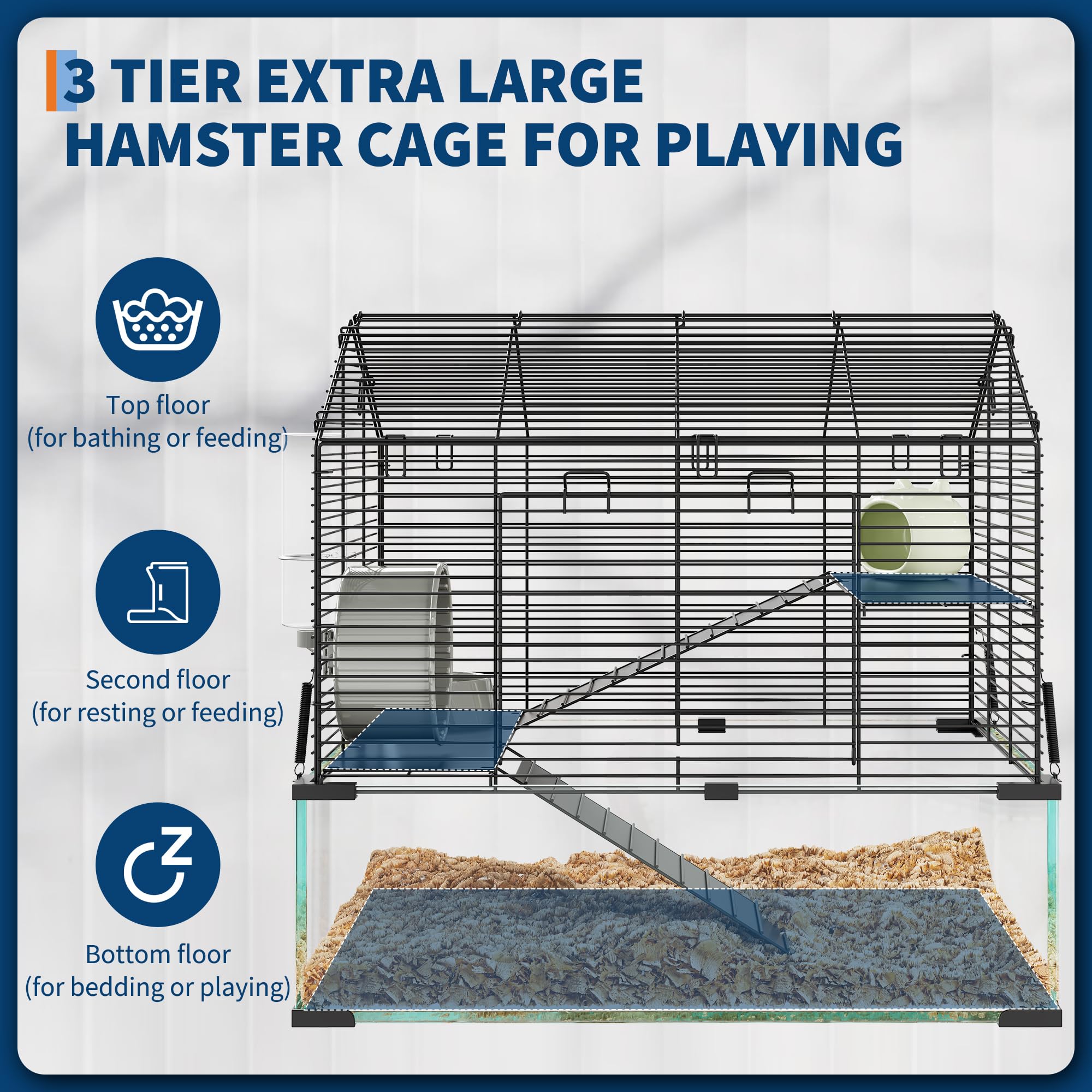 Garvee 3-Tier Hamster Cage for Syrian & Dwarf Hamsters - Multi-Level Habitat with Silent Wheel & Chew-Proof Bottle - Metal & Tempered Glass - Scratch-Resistant, Tool-Free Assembly - Compact Apartment Fit