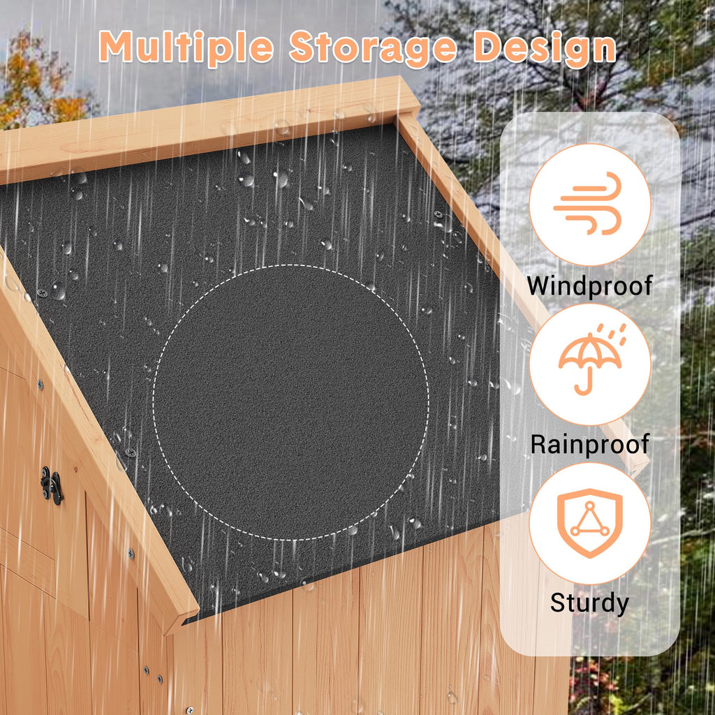 Garvee Outdoor Wooden Storage Shed Waterproof with Lockable Door, Tilt Roof, 3 Shelves, Engineered Wood, Space-Saving Vertical Design for Patio and Garden