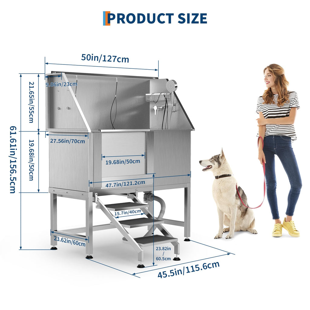 Garvee 50" Stainless Steel Dog Wash Tub, Dog Grooming Bathing Station with Non-Slip Stairs & Floor Grate, Large, Medium & Small Pets Bathtub for Grooming Salon/Home Use, Left-Side