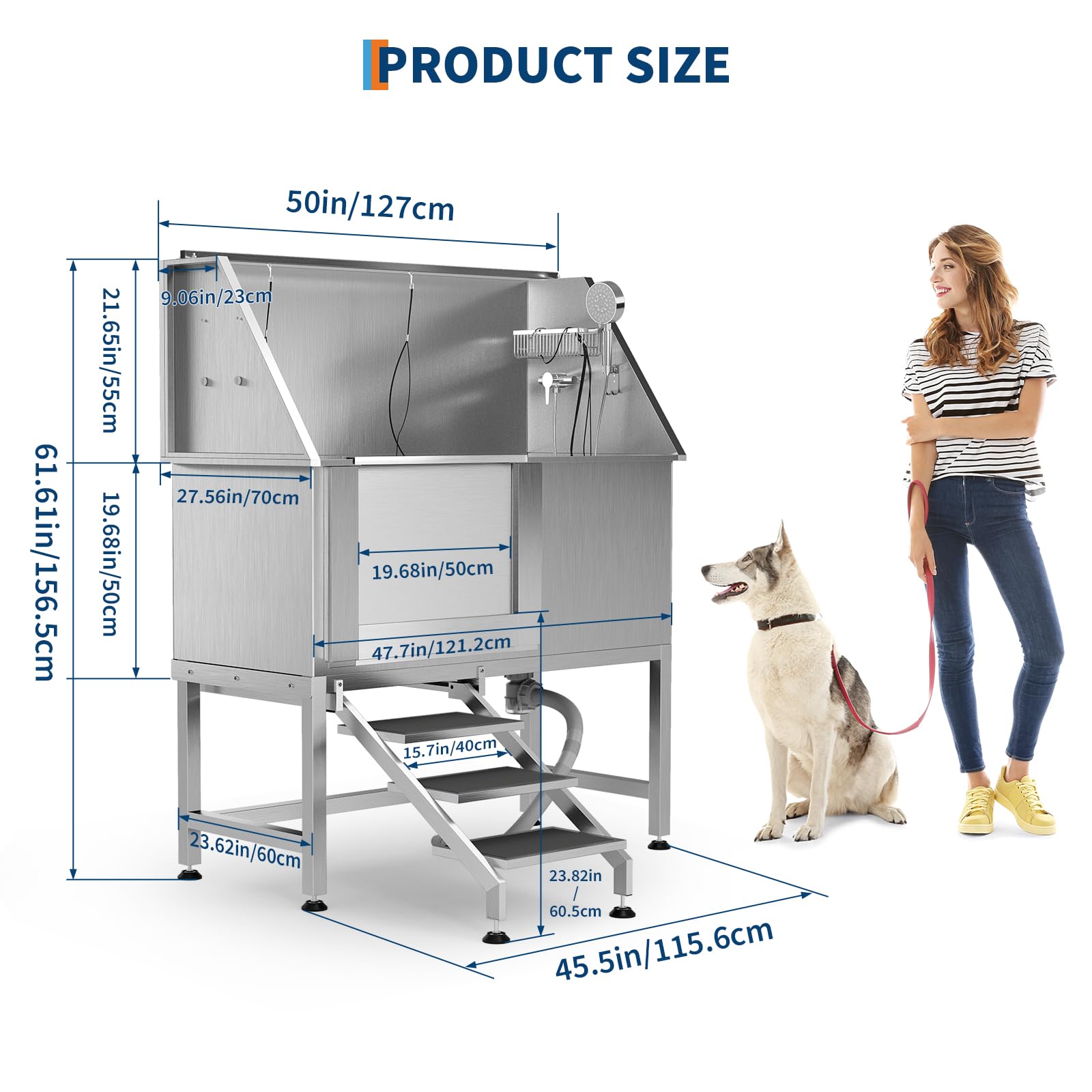 Garvee 50" Stainless Steel Dog Wash Tub, Dog Grooming Bathing Station with Non-Slip Stairs & Floor Grate, Large, Medium & Small Pets Bathtub for Grooming Salon/Home Use, Left-Side