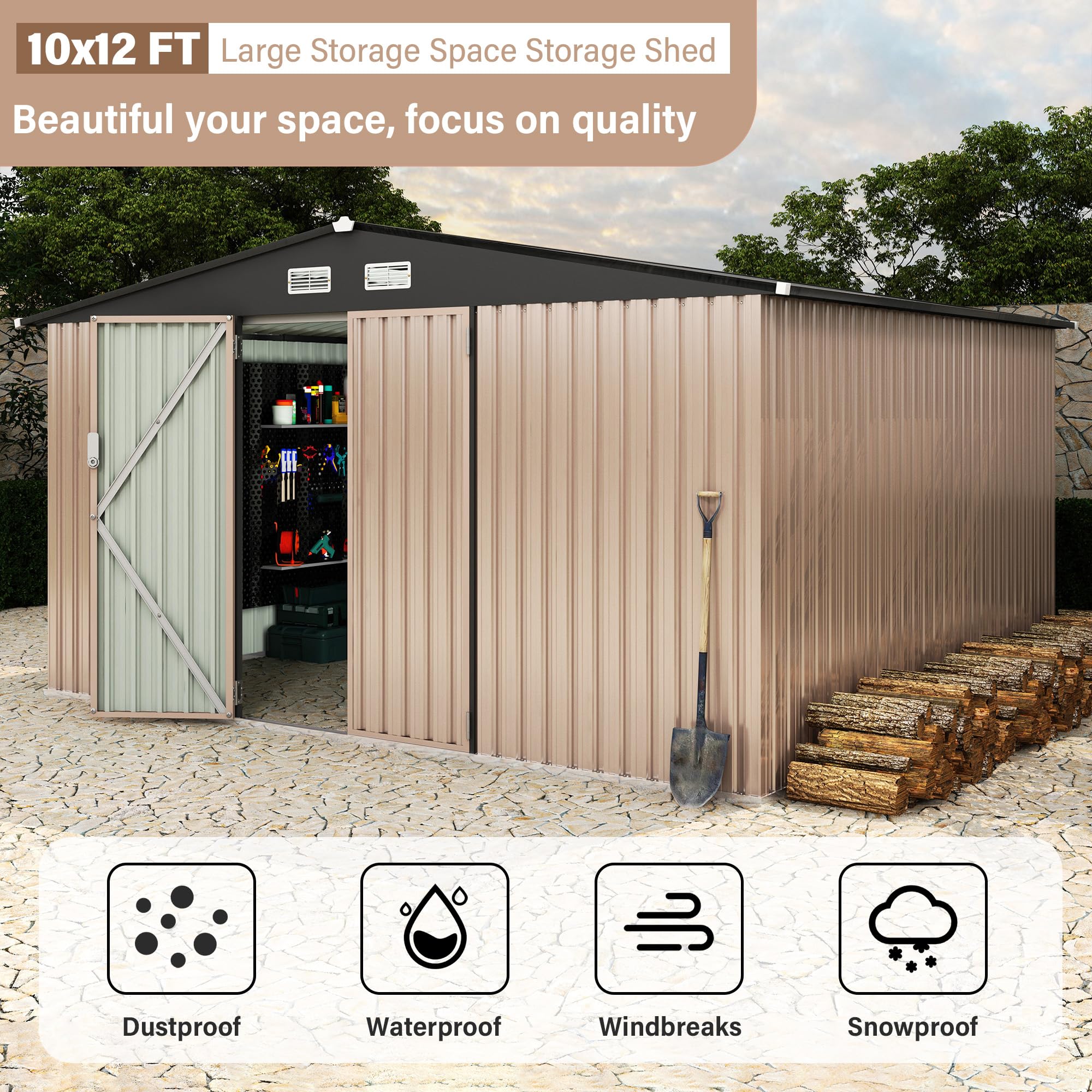 Garvee 10x12x6.4 FT Metal Outdoor Storage Shed with Lockable Doors & Air Vents, Sloped Roof, Galvanized Steel Frame, Waterproof Walls for Backyard Garden