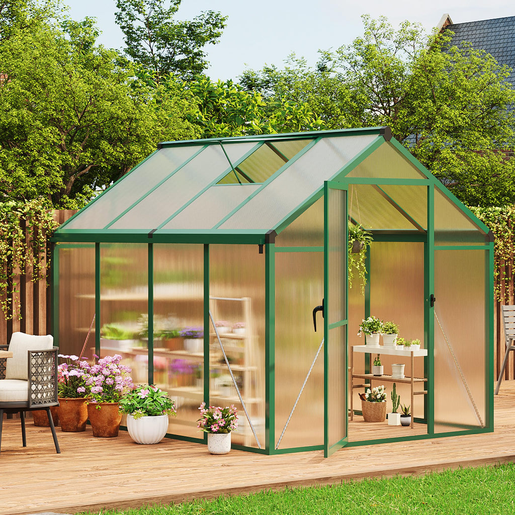Garvee 6x8 FT Polycarbonate Greenhouse with Roof Vent, Lockable Push Door, Aluminum Frame, Ground Nails, Large Walk-in for Garden Patio Lawn