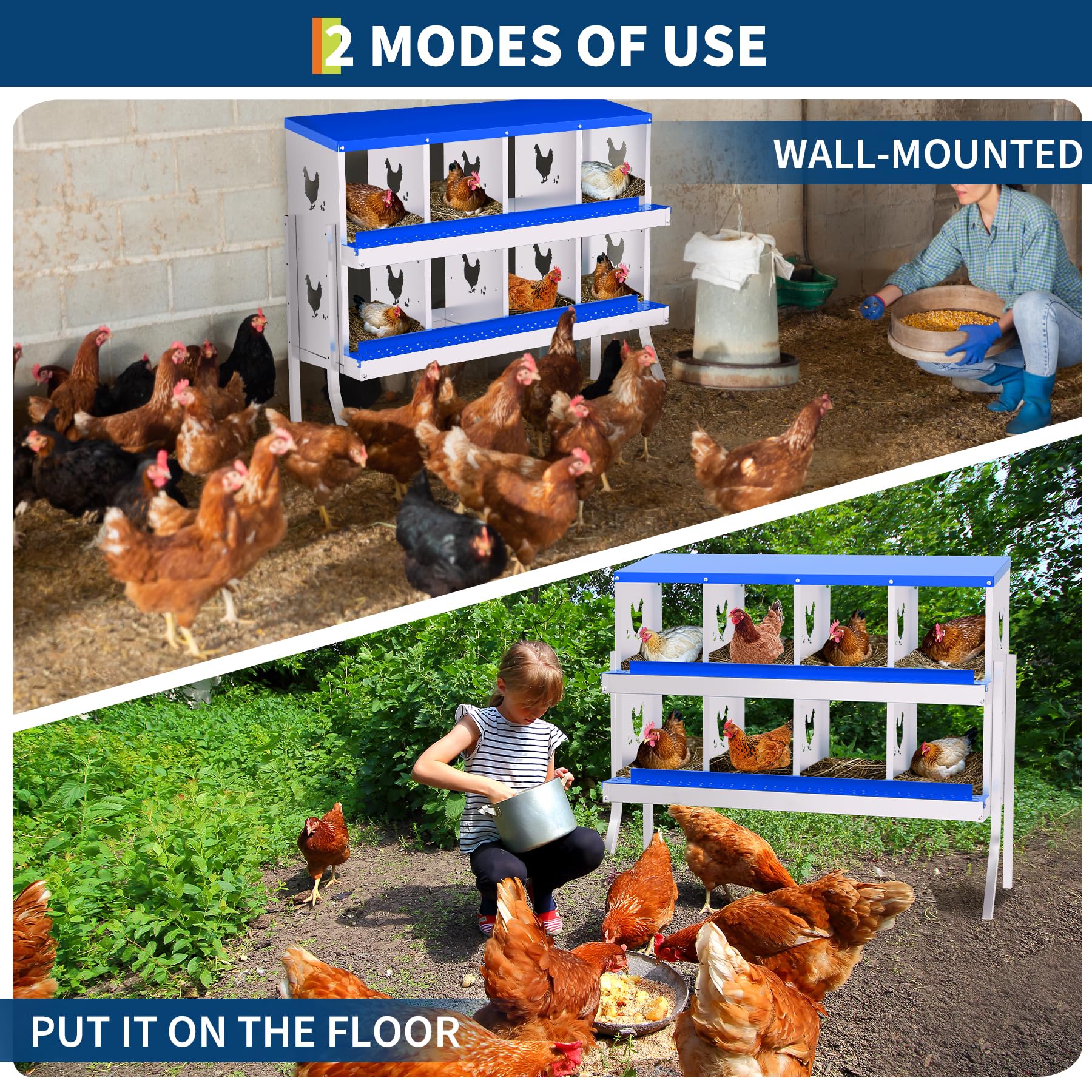 Garvee 8-Hole Bracket Legs Chicken Nesting Box Galvanized Steel Rustproof Automatic Egg Collection Ventilated Easy Install Wall or Freestanding for Chicken Coop Blue