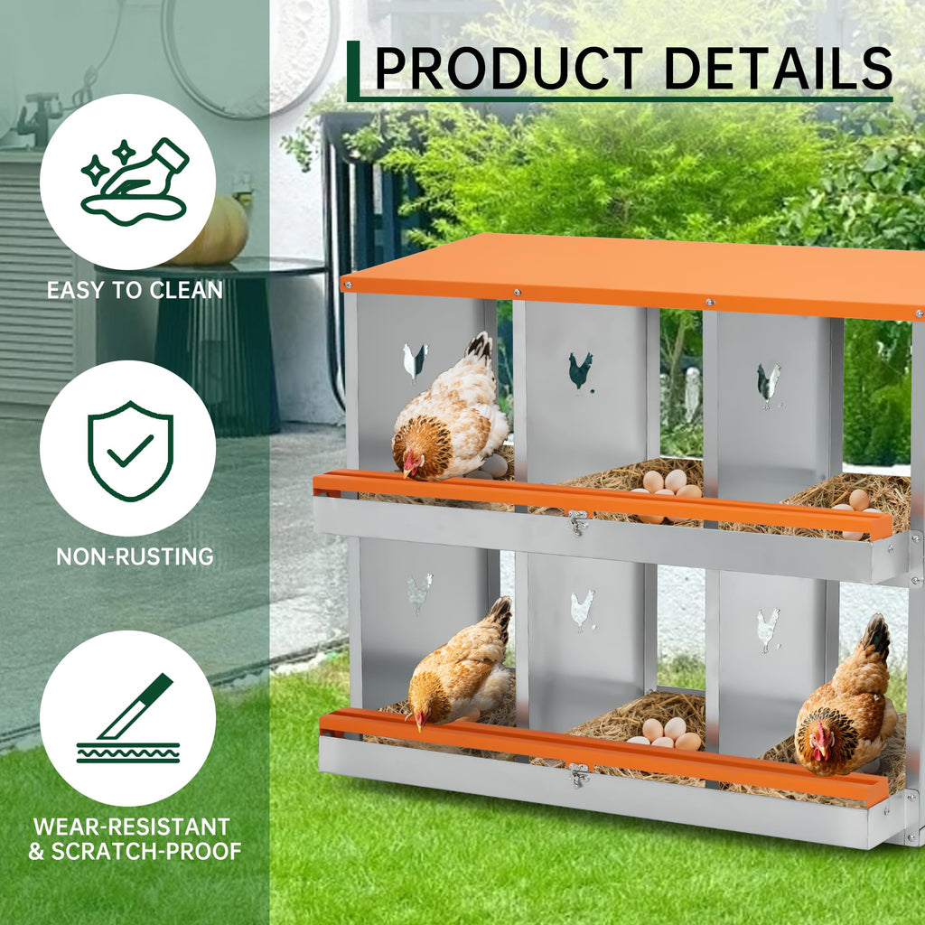 Garvee Chicken Nesting Box 6 Holes Heavy Duty Galvanized Steel Two-Tier Ventilated Dry Bedding Easy Assembly for Chicken Coop