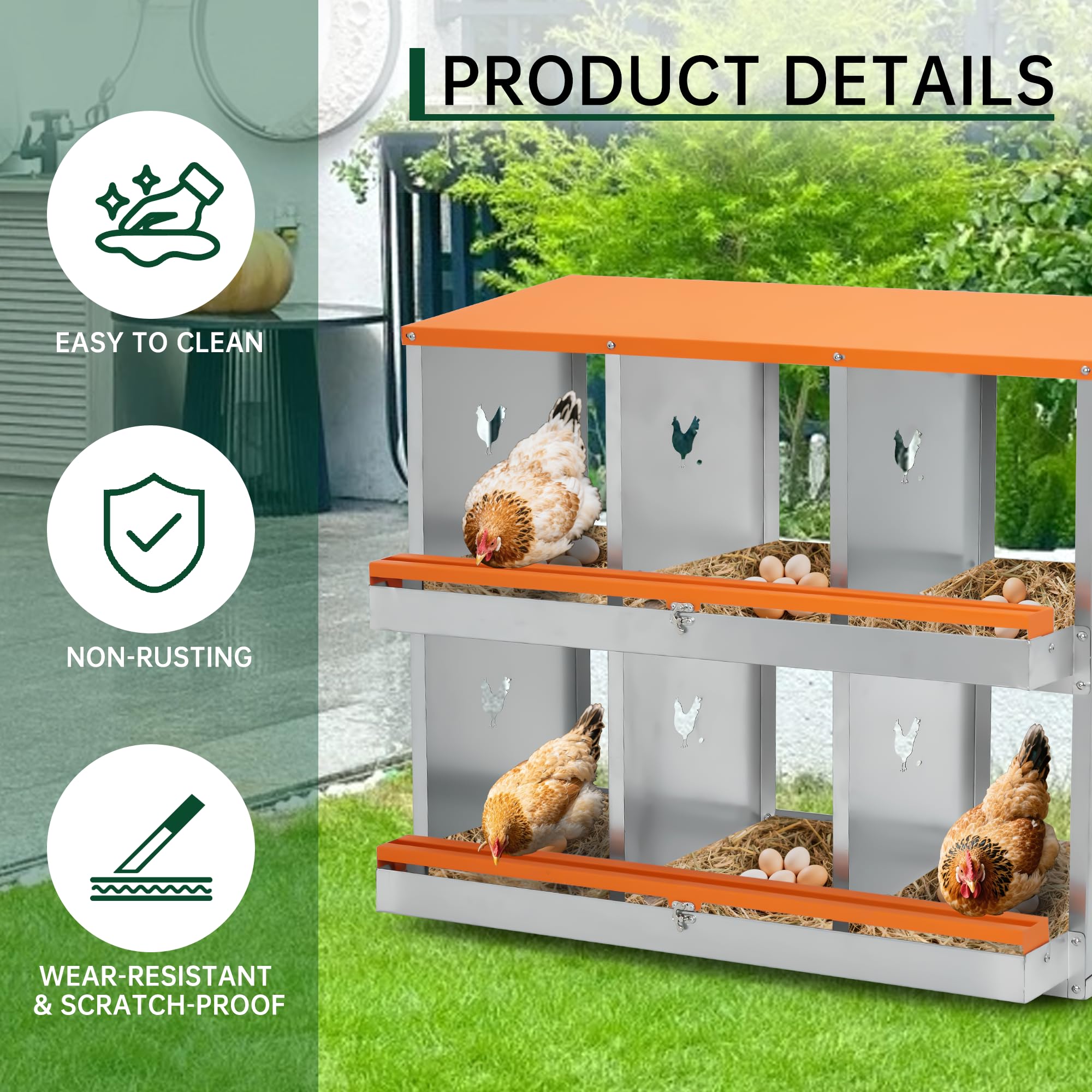 Garvee Chicken Nesting Box 6 Holes Heavy Duty Galvanized Steel Two-Tier Ventilated Dry Bedding Easy Assembly for Chicken Coop