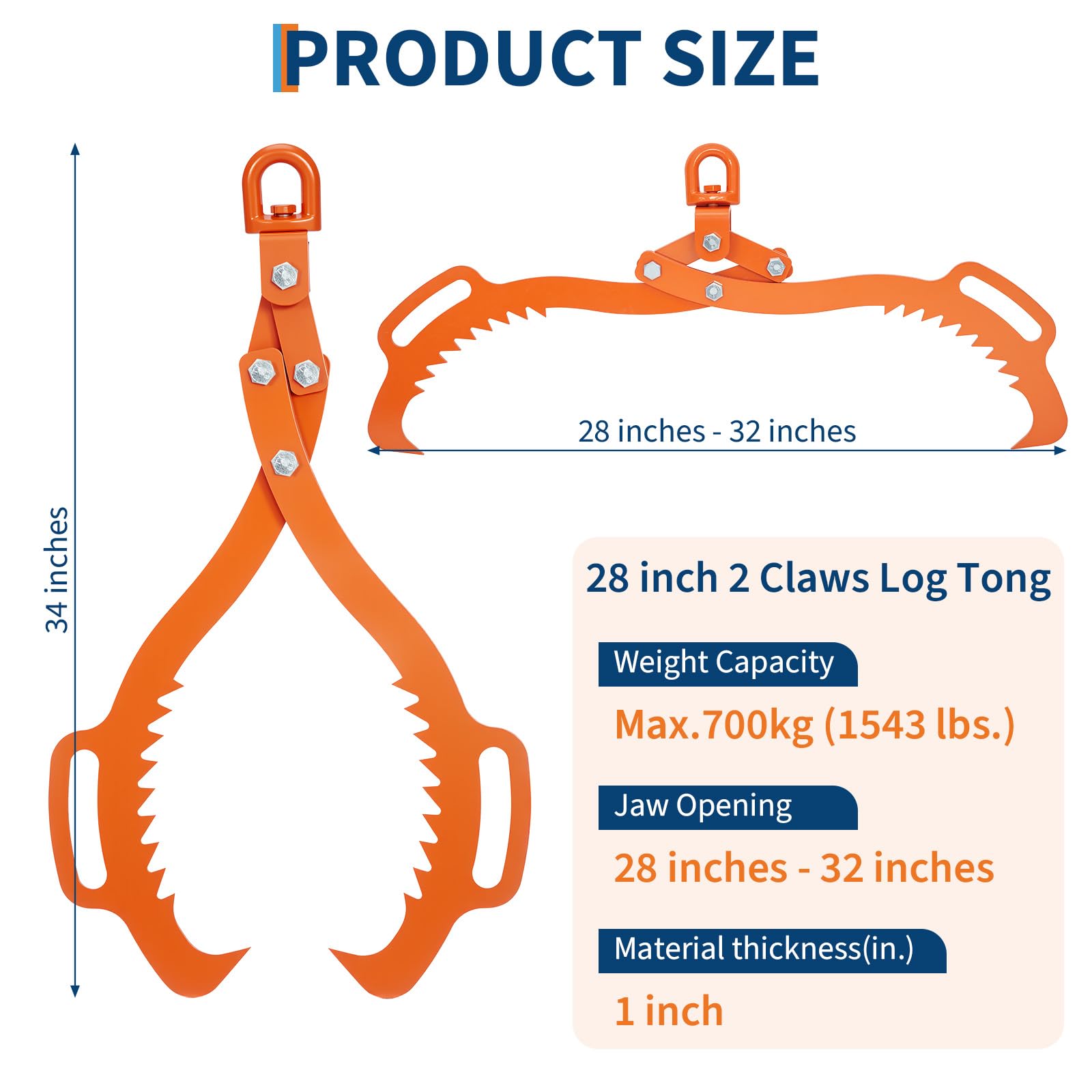 Garvee Log Lifting Tongs 28in Heavy-Duty Steel Serrated Claw Hook 1543Lbs Capacity Corrosion-Resistant Powder Coating Tractor & ATV Logging