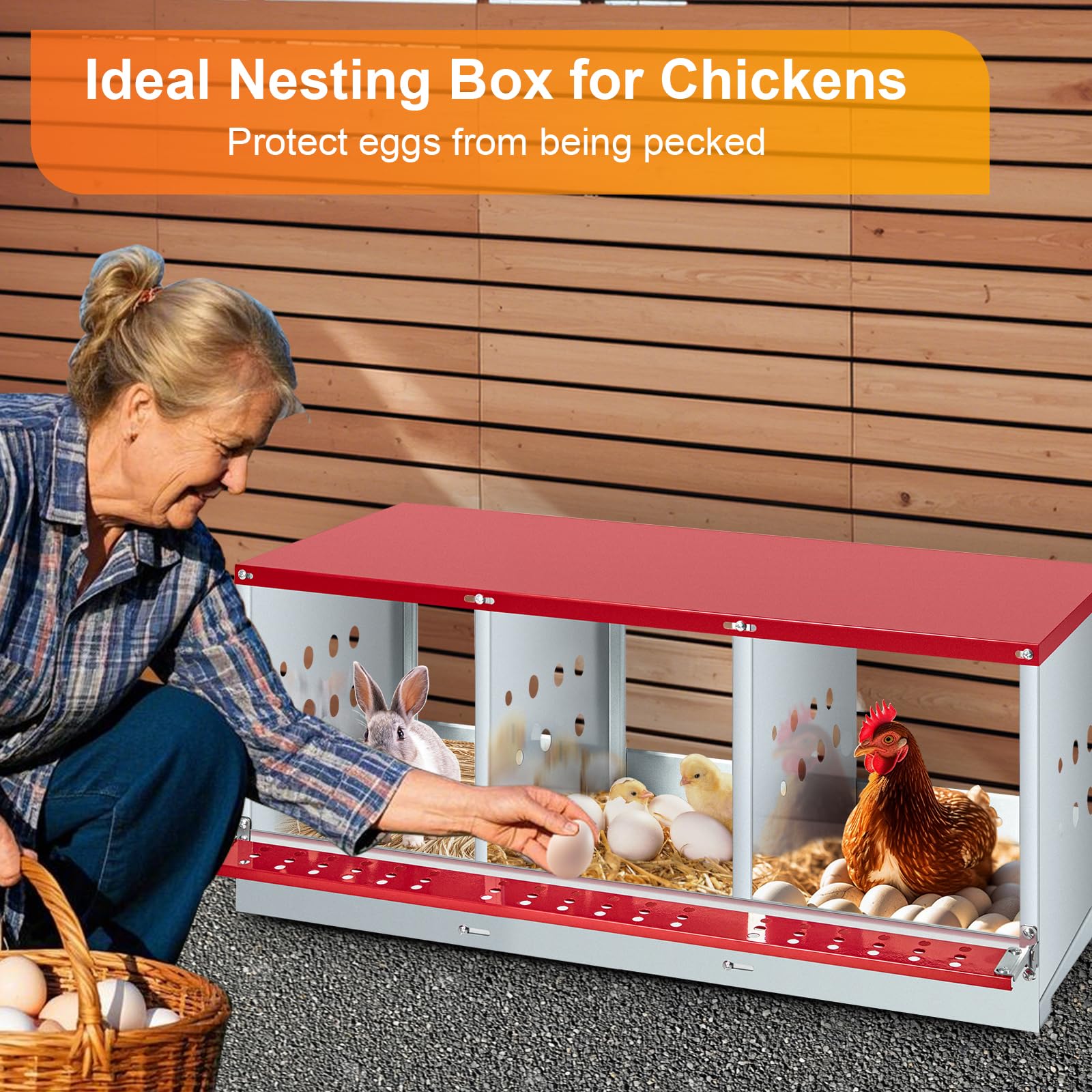 GARVEE 3-Compartment Galvanized Steel Nesting Box - Easy Egg Collection, Ventilated Design for Hens/Ducks/Rabbits Backyard Coop