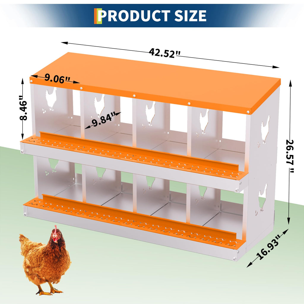 Garvee 8-Hole Chicken Nest Box Heavy Duty Galvanized Steel  Ventilation System Bioengineering Design Orange for Hens Ducks Small Poultry