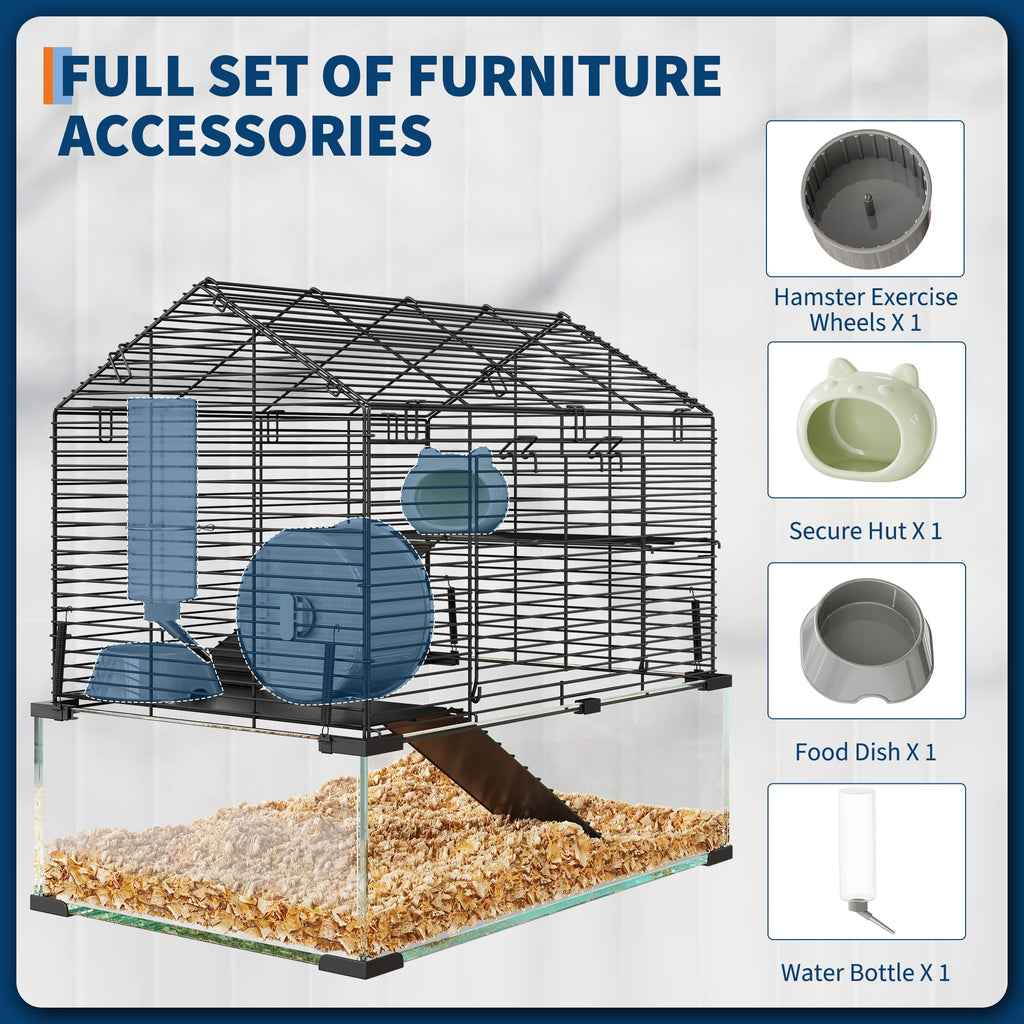 Garvee 3-Tier Hamster Cage for Syrian & Dwarf Hamsters - Multi-Level Habitat with Silent Wheel & Chew-Proof Bottle - Metal & Tempered Glass - Scratch-Resistant, Tool-Free Assembly - Compact Apartment Fit