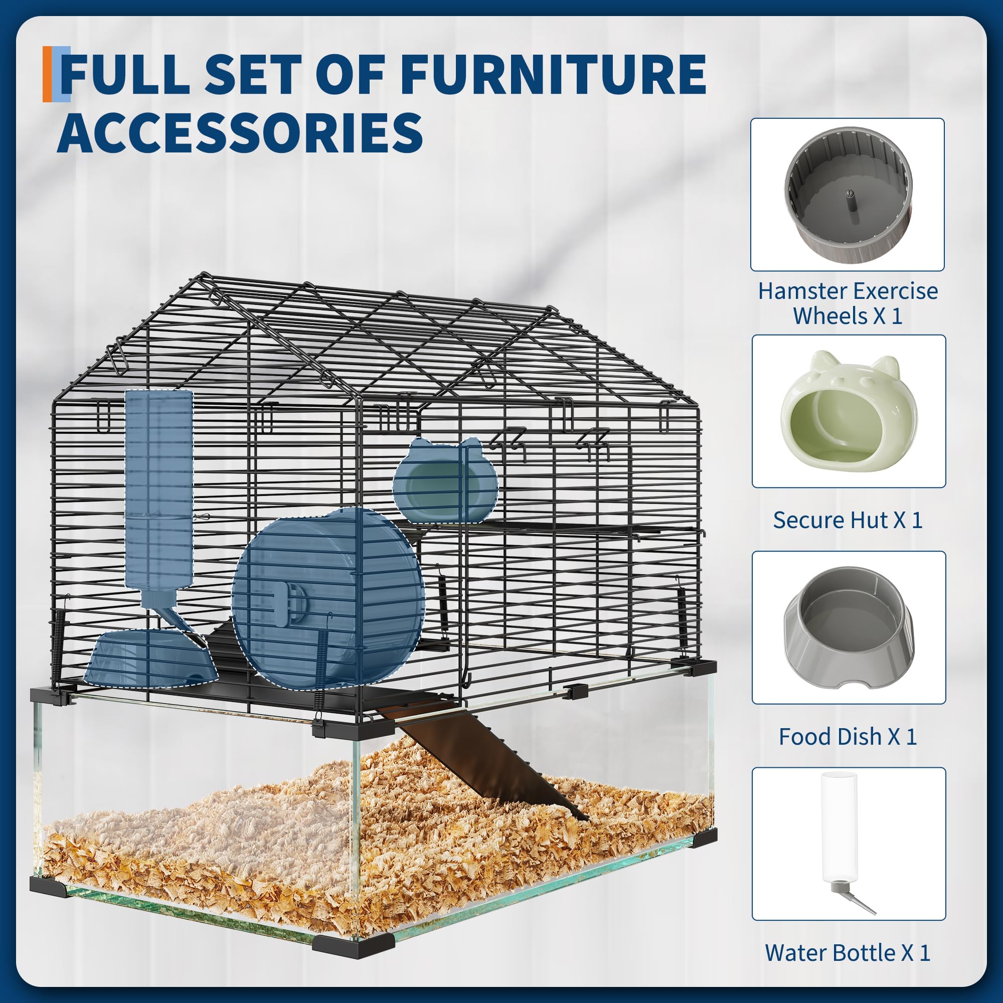 Garvee 3-Tier Hamster Cage for Syrian & Dwarf Hamsters - Multi-Level Habitat with Silent Wheel & Chew-Proof Bottle - Metal & Tempered Glass - Scratch-Resistant, Tool-Free Assembly - Compact Apartment Fit