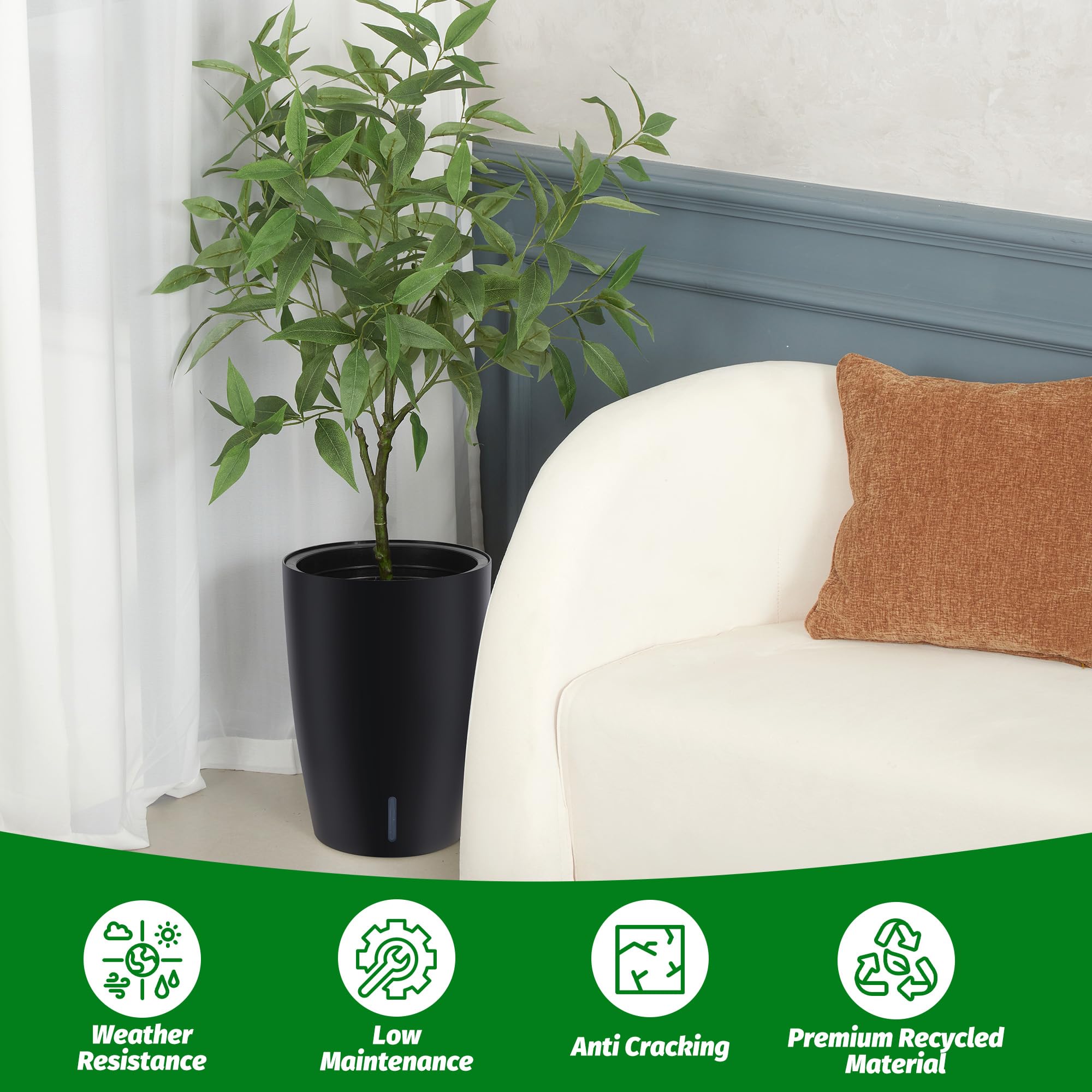 Garvee 16" Tall Planters Set of 2 Self-Watering Pots with Drainage Visual Water Level Durable Plastic Indoor Outdoor Patio