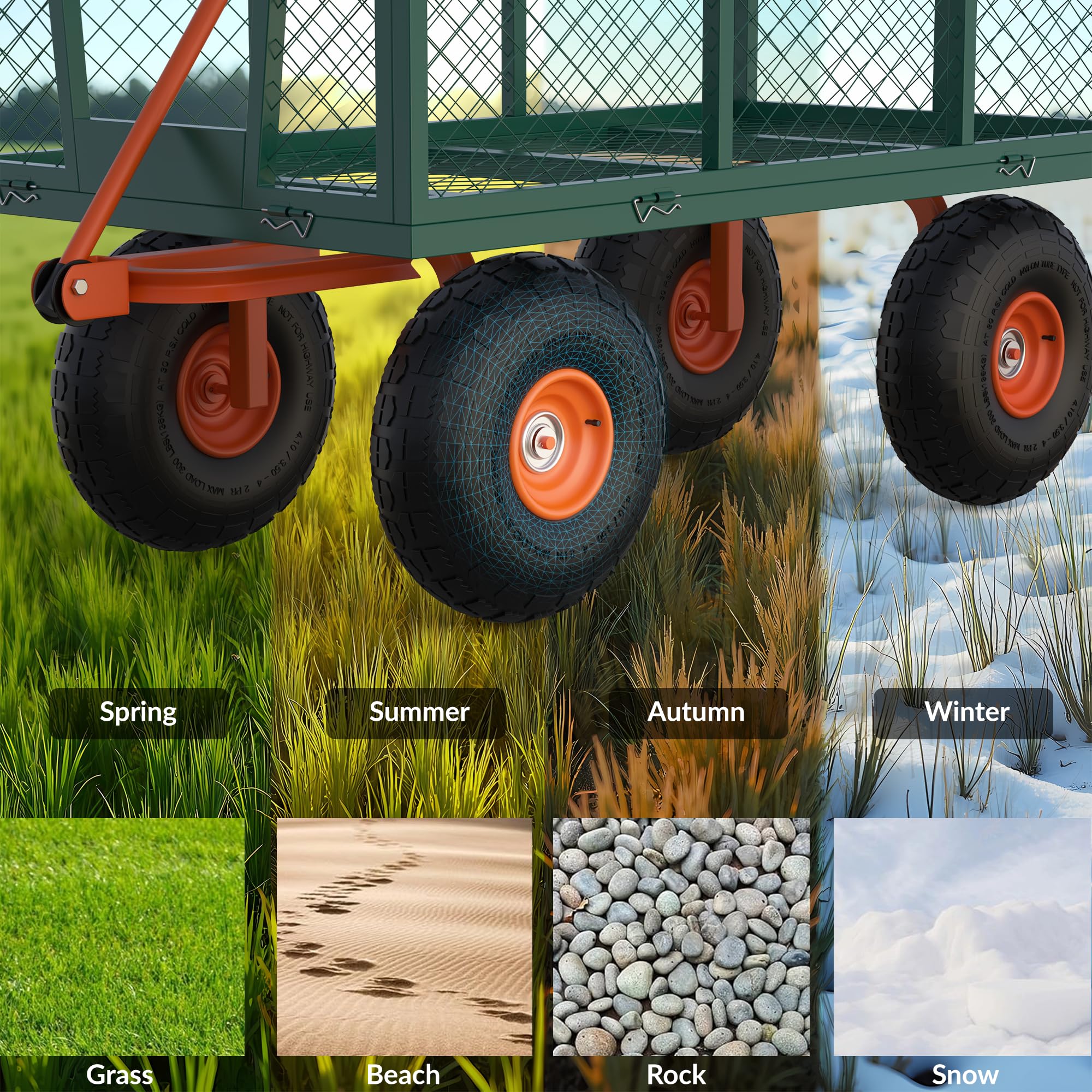 Garvee Steel Garden Cart Utility Wagon, 500 LBS Capacity, Folding Design, Removable Sides, 10 Inch Tires, Heavy-Duty Steel, Green & Orange, Outdoor Lawn Use