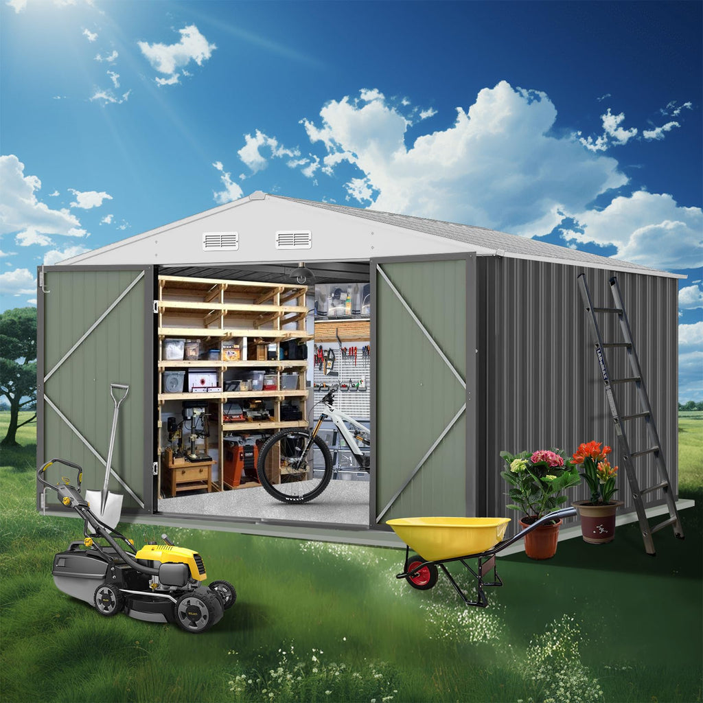 Garvee 12x10 Ft Outdoor Storage Shed Metal Tool Shed with Lockable Door Waterproof Sloped Roof Galvanized Steel for Garden Patio Lawn Poolside