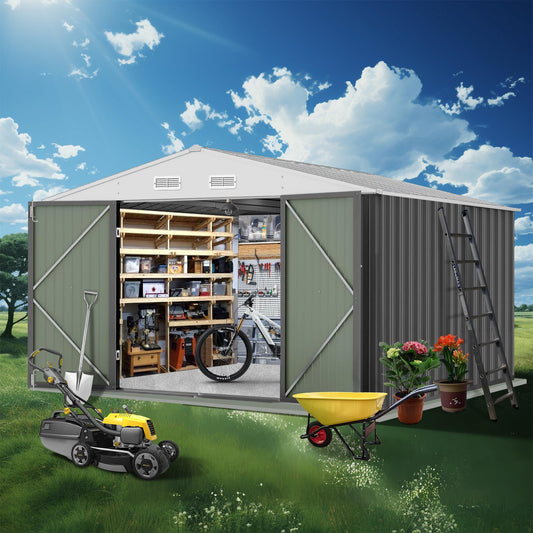 Garvee 12x10 Ft Outdoor Storage Shed Metal Tool Shed with Lockable Door Waterproof Sloped Roof Galvanized Steel for Garden Patio Lawn Poolside