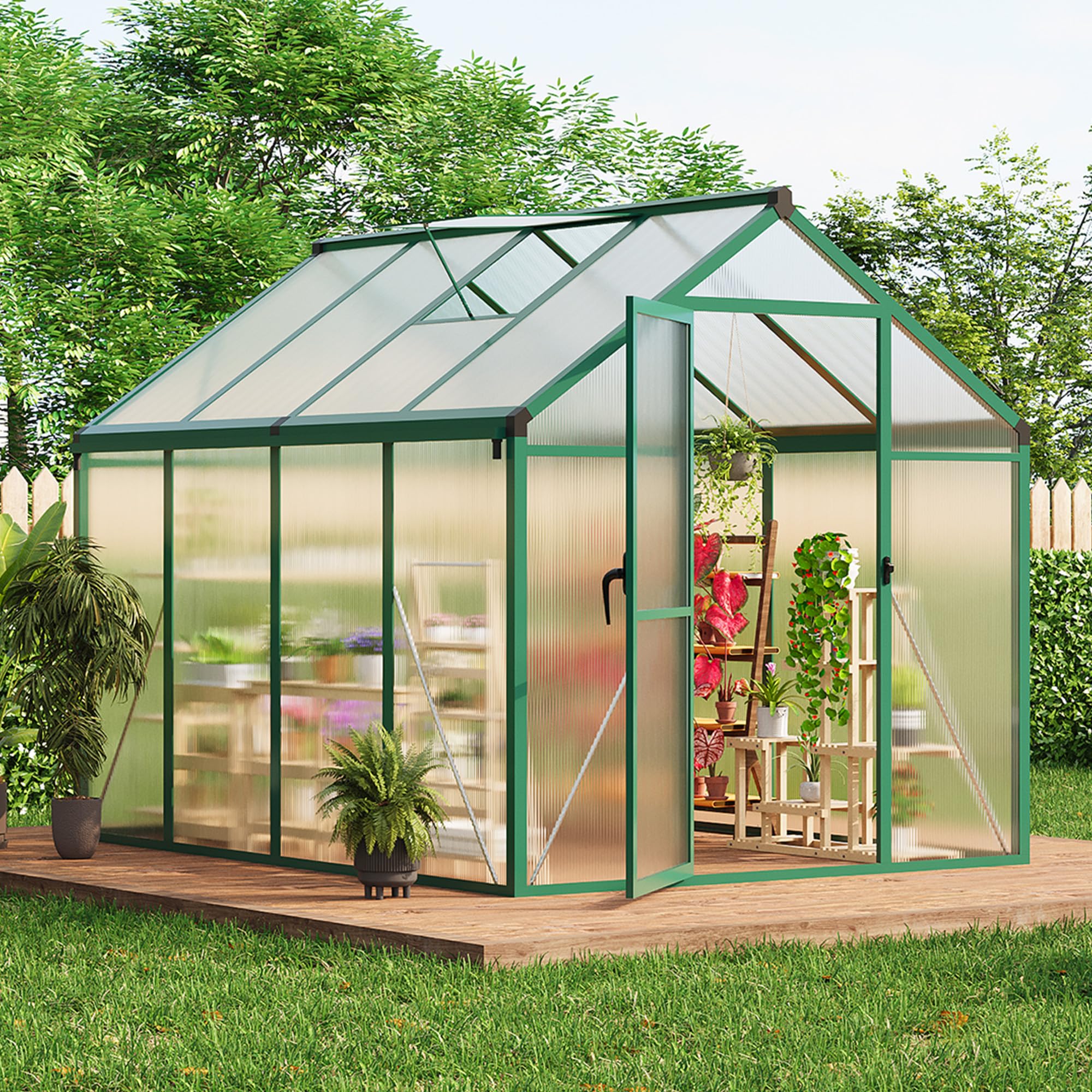 Garvee 6x8 FT Polycarbonate Greenhouse with Roof Vent, Lockable Push Door, Aluminum Frame, Ground Nails, Large Walk-in for Garden Patio Lawn