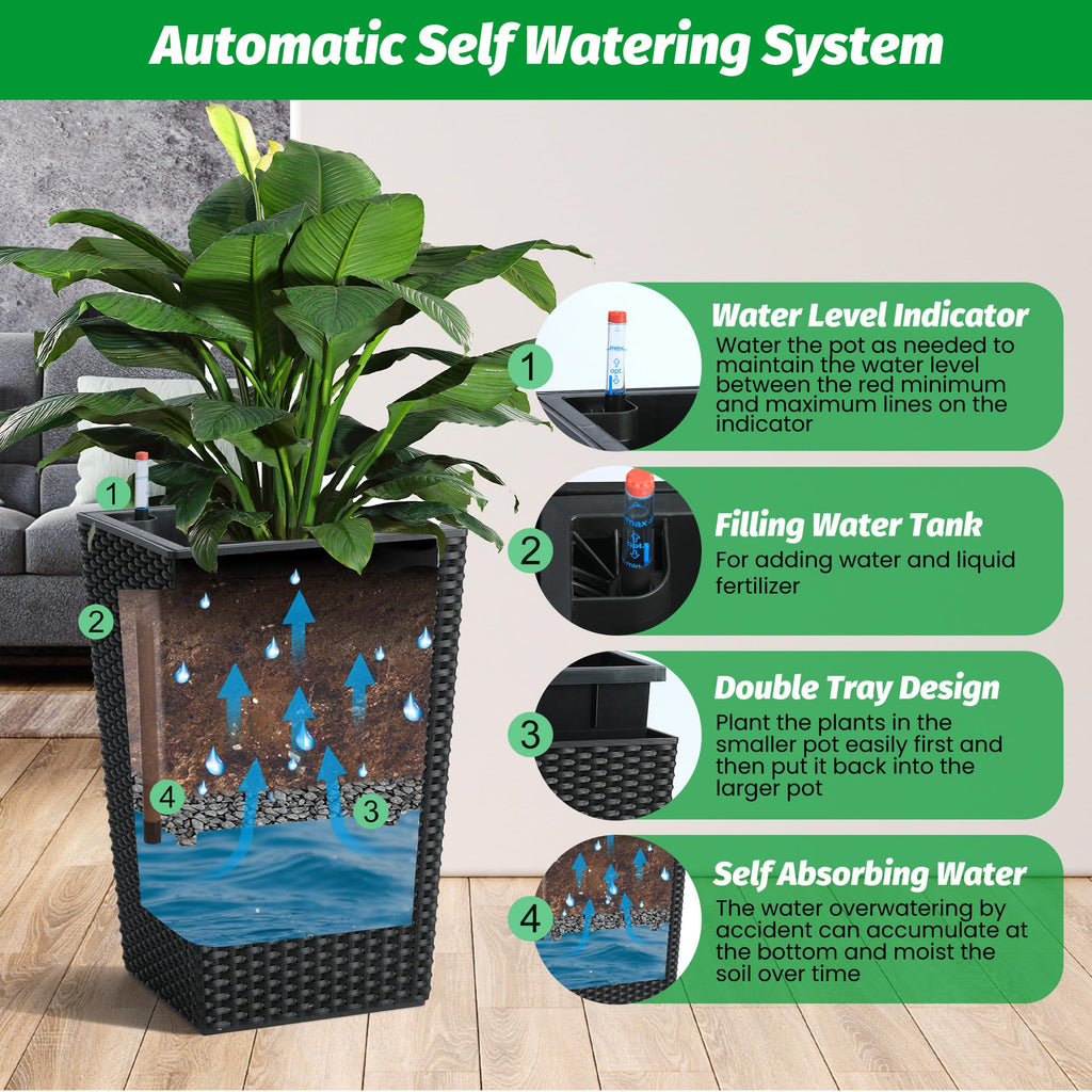 Garvee 16 Inch Tall Rattan Planter Set with Water Level Monitor & Wheels, Durable Plastic, Self-Watering & Drainage, Indoor & Outdoor Use