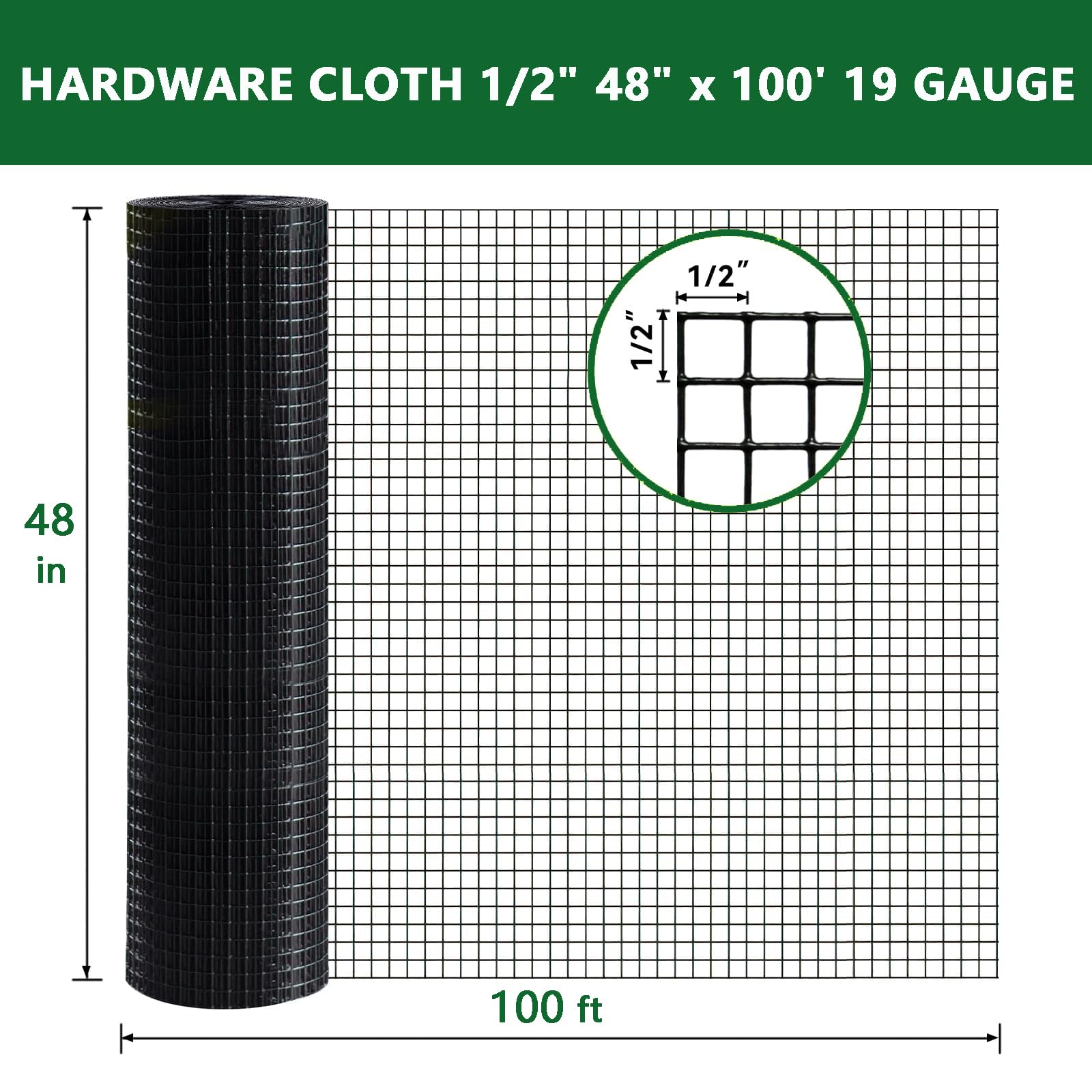 Garvee 48"x100' 19-Gauge Black Vinyl-Coated Wire Mesh - Welded Hardware Cloth w/Gloves & Plier 1/2" Galvanized for Gardens/Coops